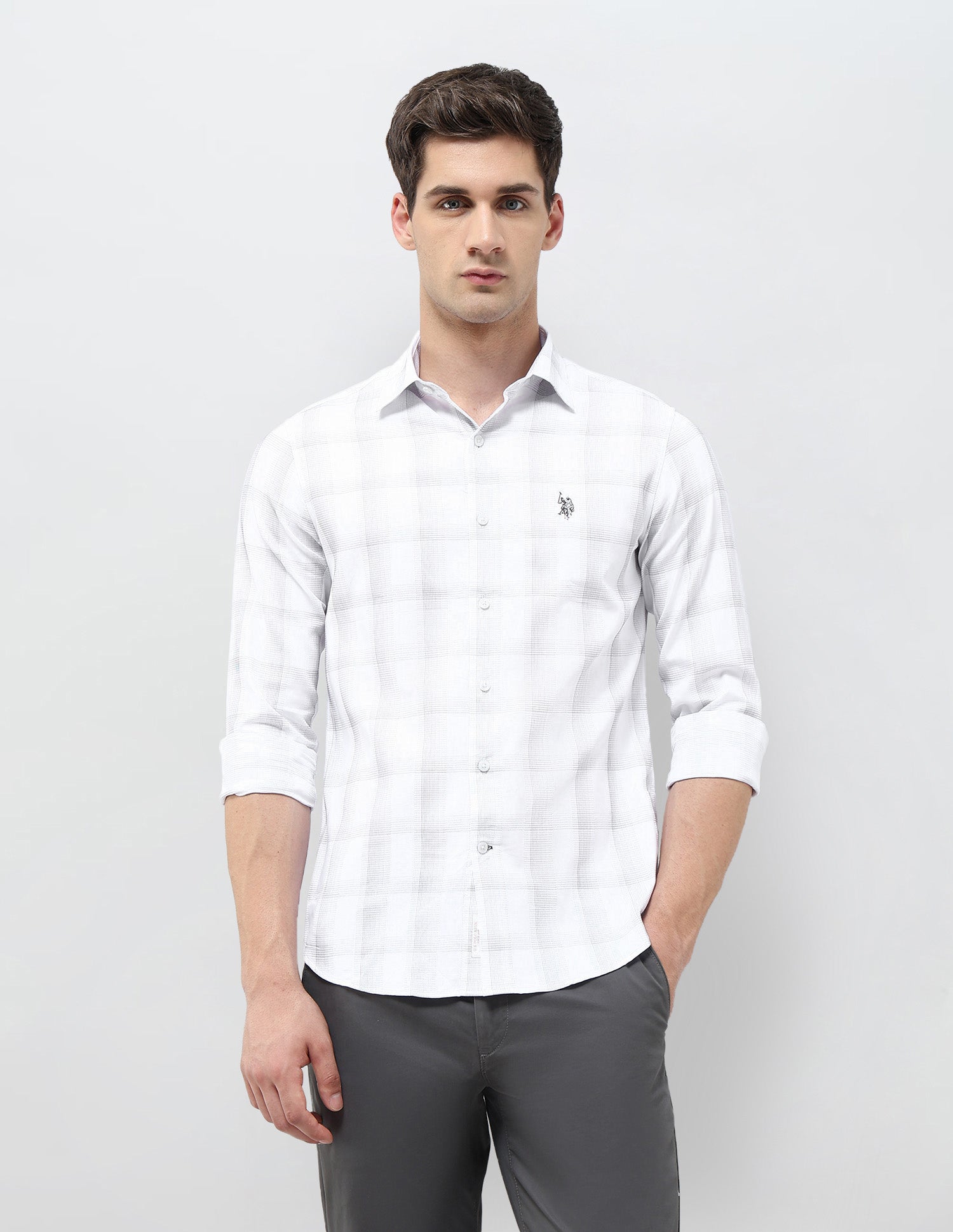 Textured With Grid Checked Dobby Shirt White - U.S. POLO ASSN. | Large