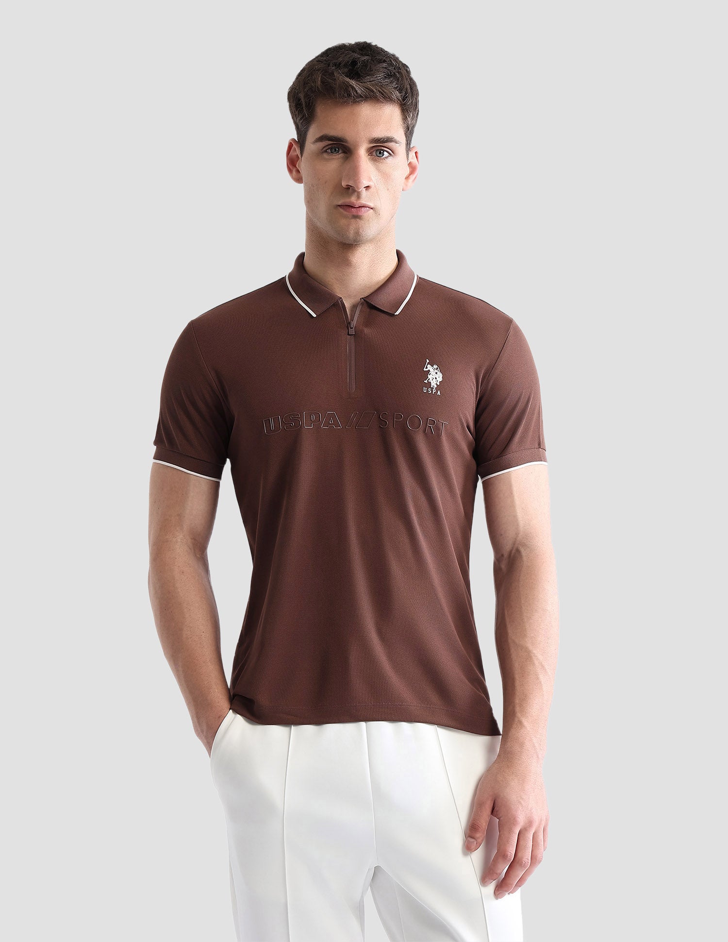 Brand Embossed Slim Fit Active Polo Shirt Brown - U.S. POLO ASSN. | Large
