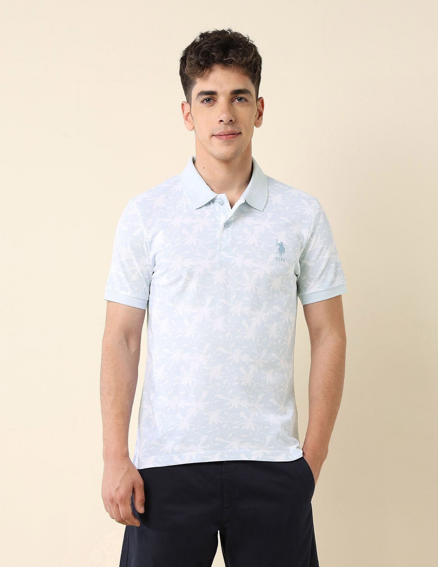 All-Over Printed Slim Fit Polo Shirt Light Blue - U.S. Polo Assn. India | Large