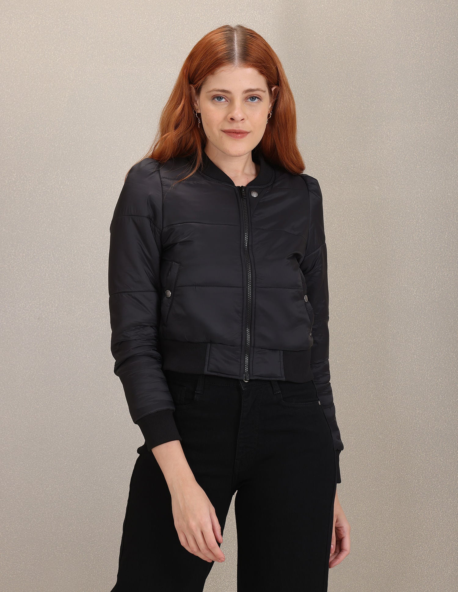 Solid Padded Cropped Bomber Jacket Black - U.S. Polo Assn. India | Large