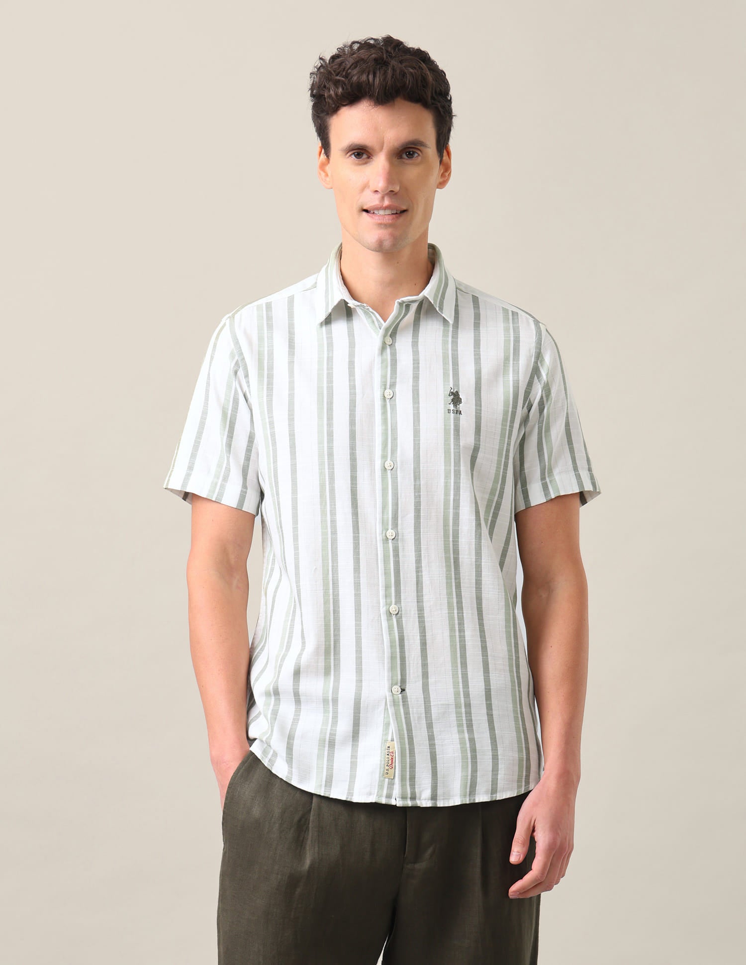 Vertical Striped Regular Fit Shirt Olive Green - U.S. Polo Assn. India | Large