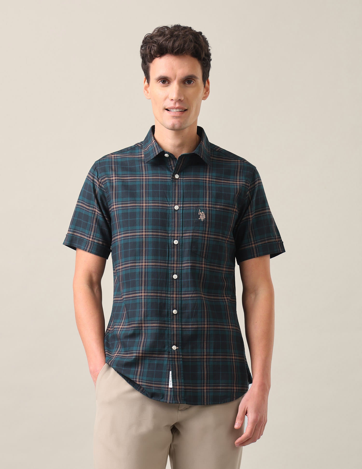 Plaid Checked Tailored Fit Shirt Teal - U.S. Polo Assn. India | Large