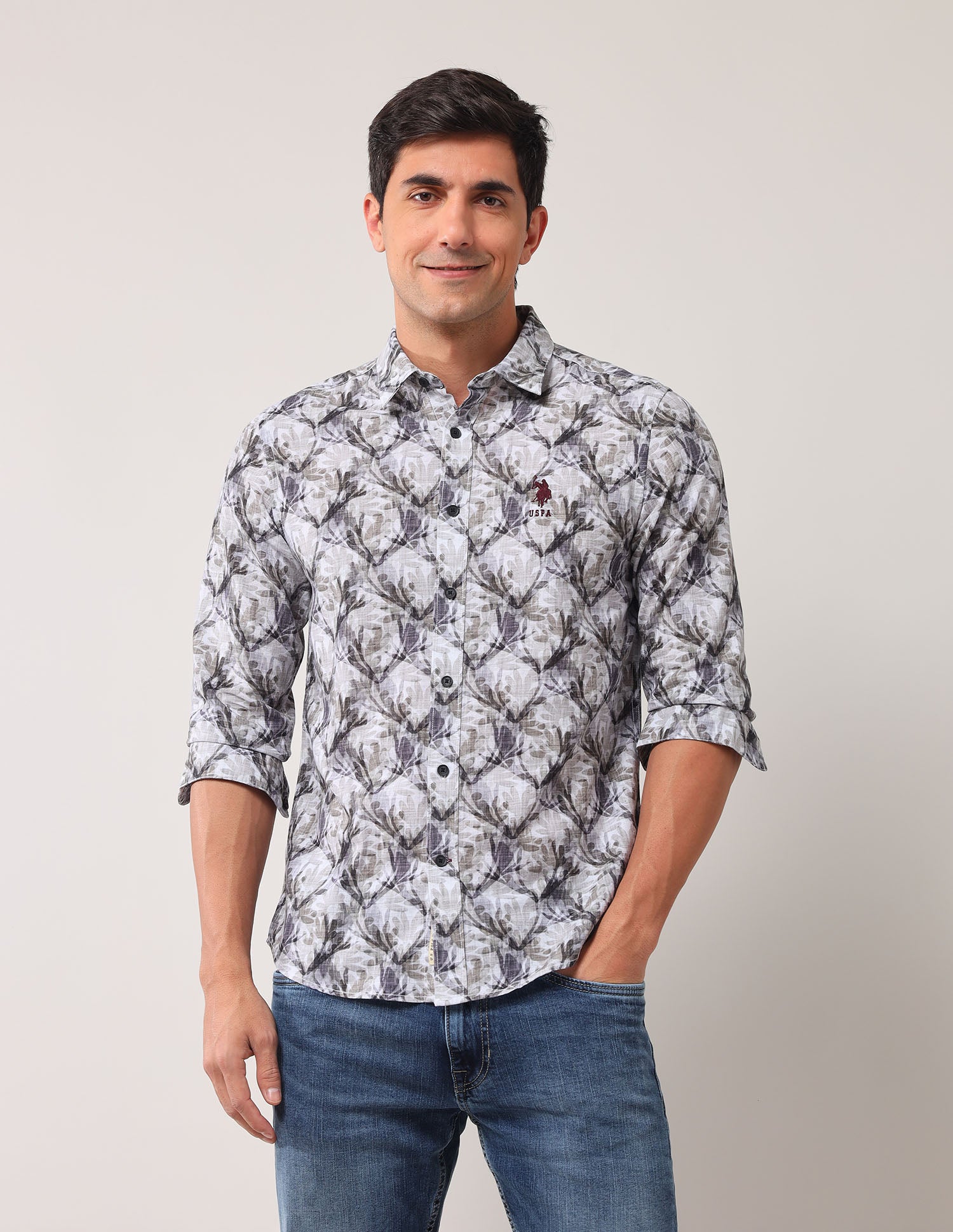 Regular Fit Floral Printed Shirt Light Olive - U.S. POLO ASSN. | Large