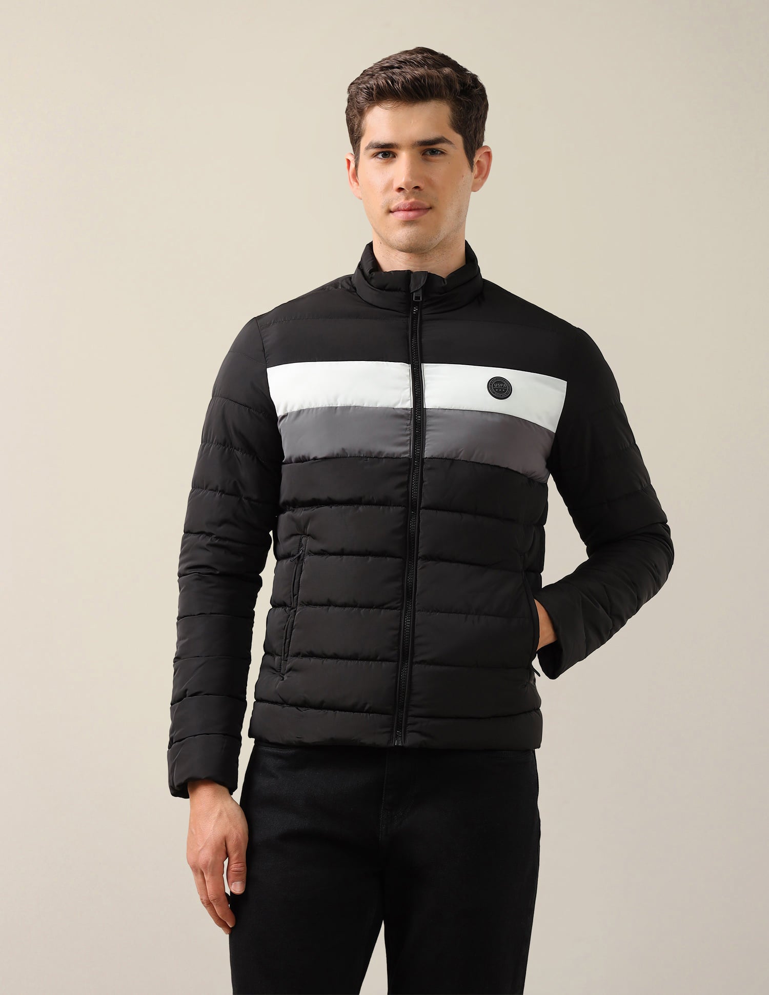 High Neck Striped Puffer Jacket Black - U.S. Polo Assn. India | Large