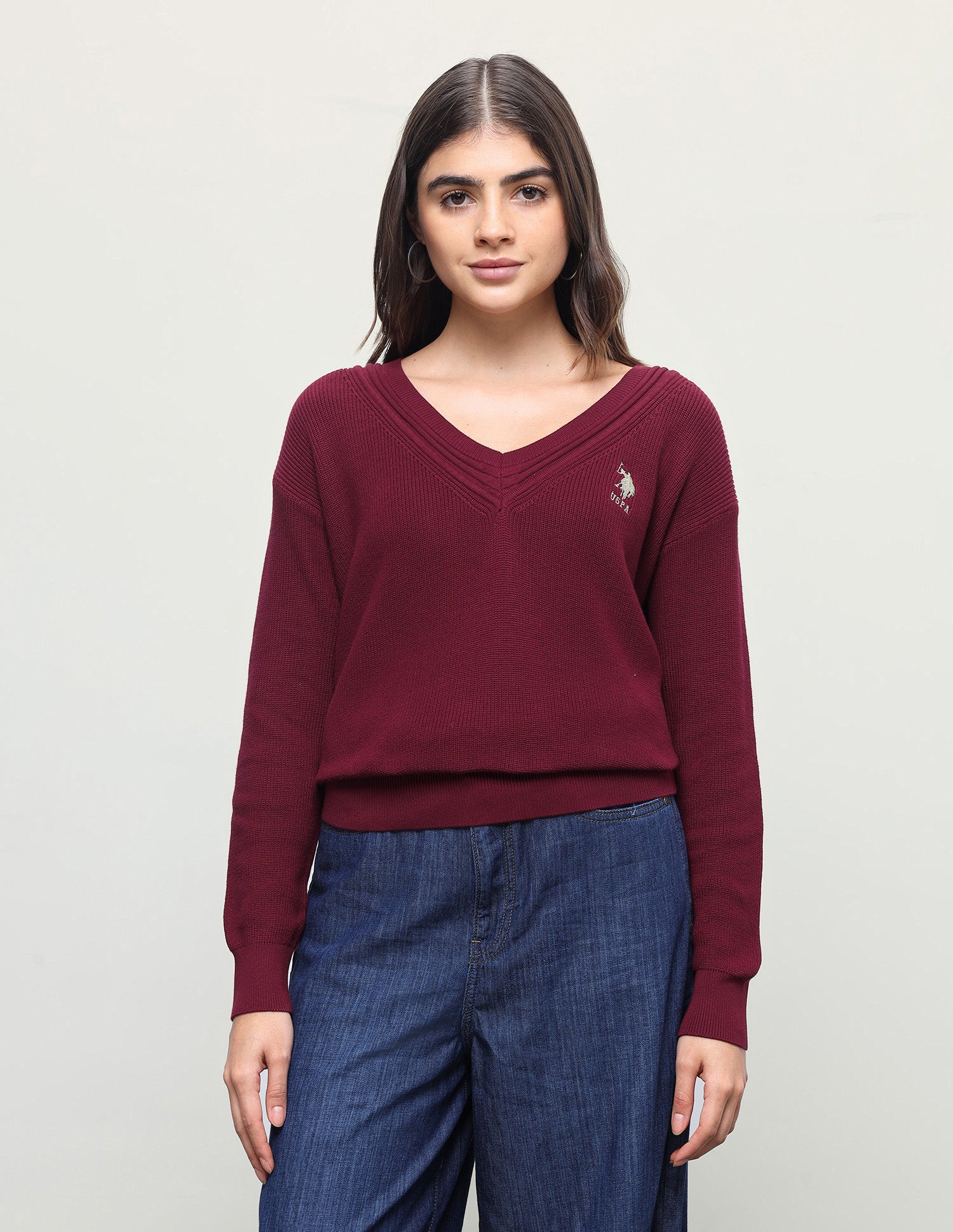 Solid Regular Fit Sweater Dark Red - U.S. Polo Assn. India | Large
