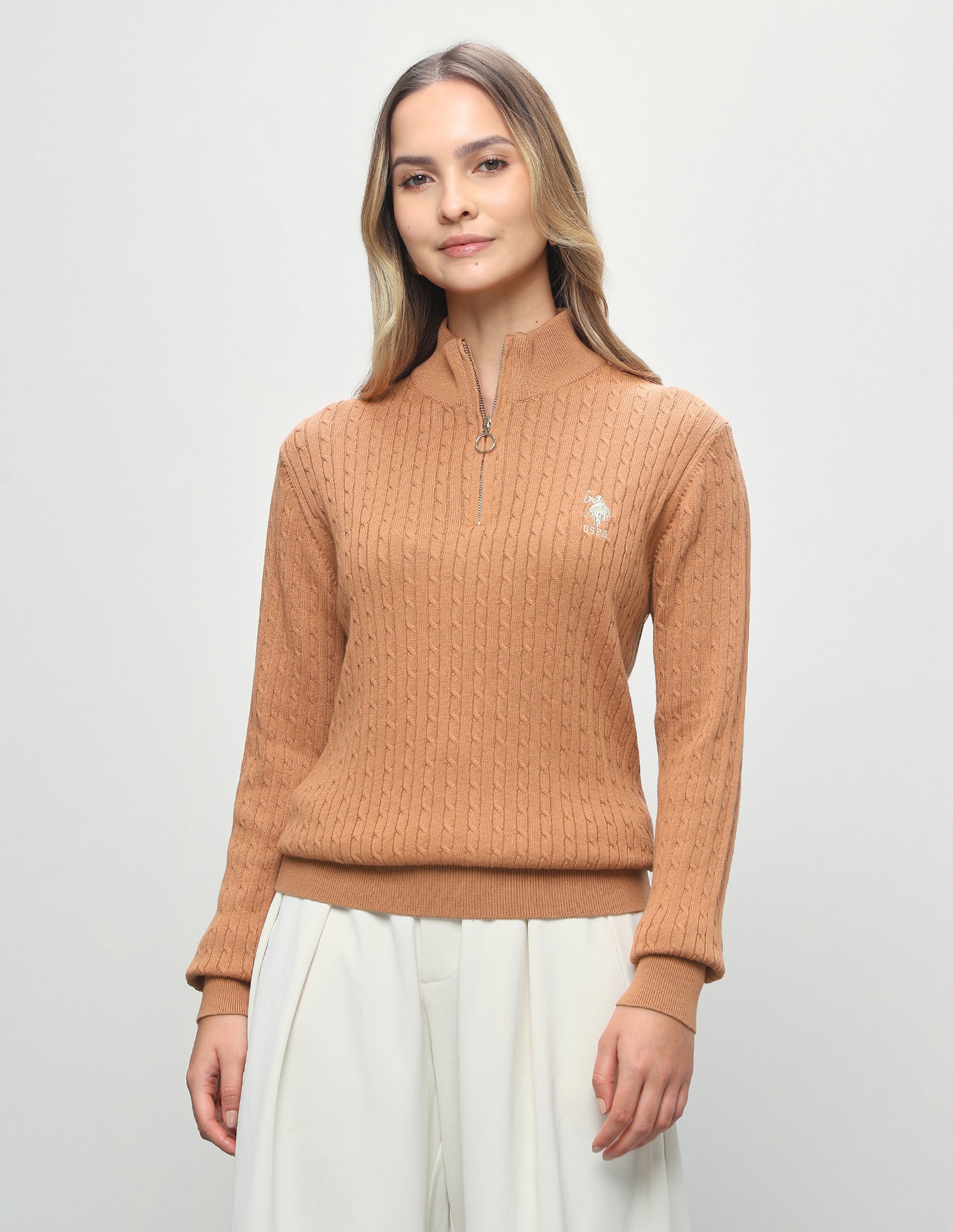 Cable Patterned Knit Regular Fit Half Zip Sweater Light Brown - U.S. Polo Assn. India | Large