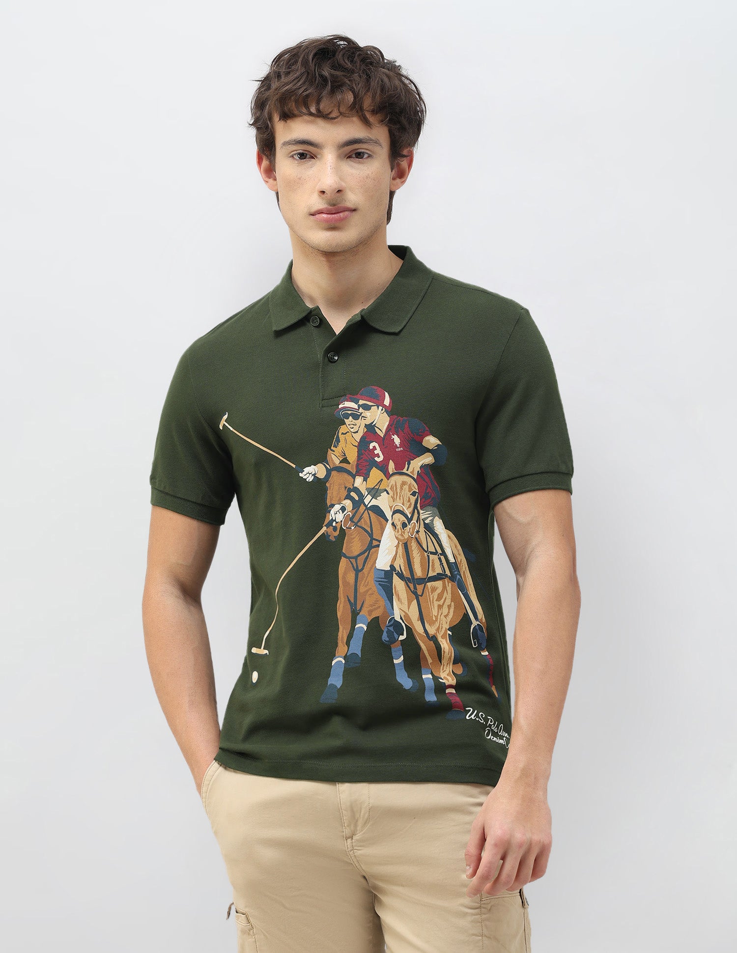 Motel On The Coast Graphic Brand Printed Polo Shirt Olive - U.S. Polo Assn. India | Large