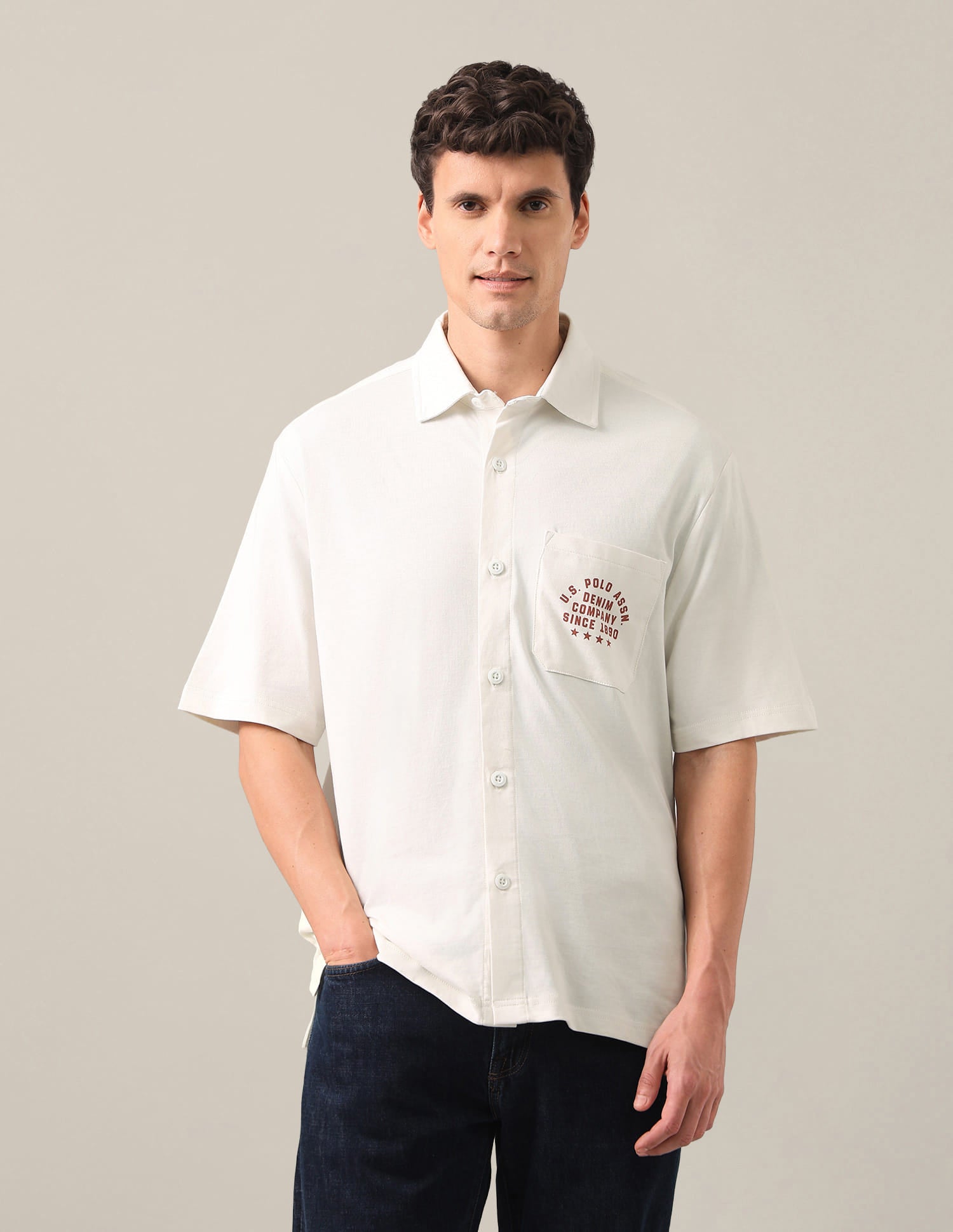 Typographic Brand Printed Knitted Shirt White - U.S. Polo Assn. India | Large