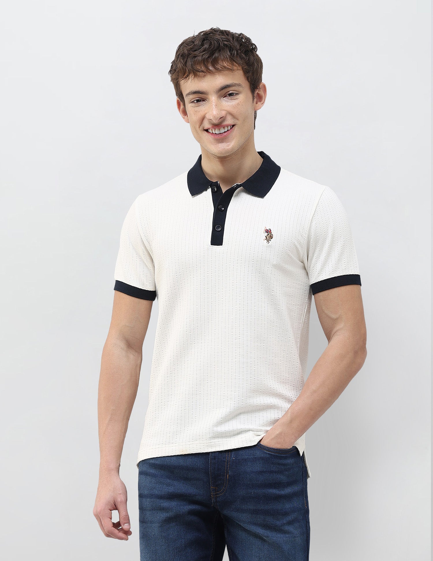 Textured Slim Fit Polo Shirt Ivory - U.S. Polo Assn. India | Large