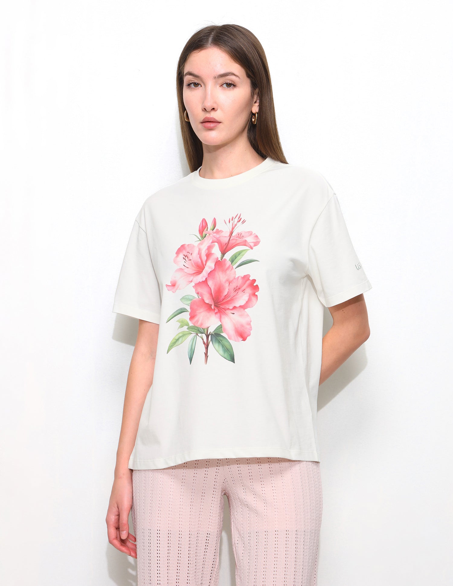 Floral Printed Boxy Fit Crew Neck T-Shirt Off White - U.S. Polo Assn. India | Large