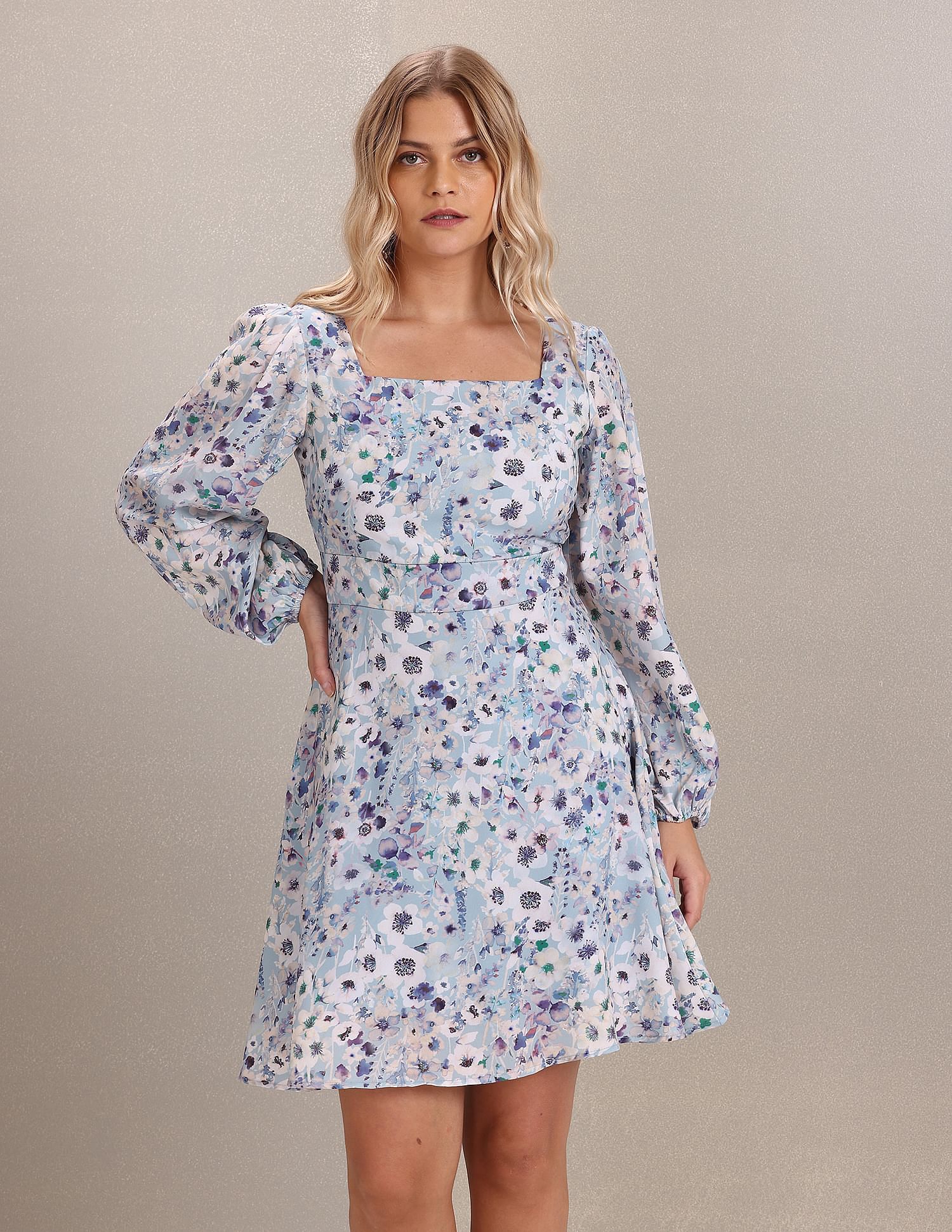 Square Neck Floral Print Fit And Flare Dress Blue - U.S. Polo Assn. India | Large