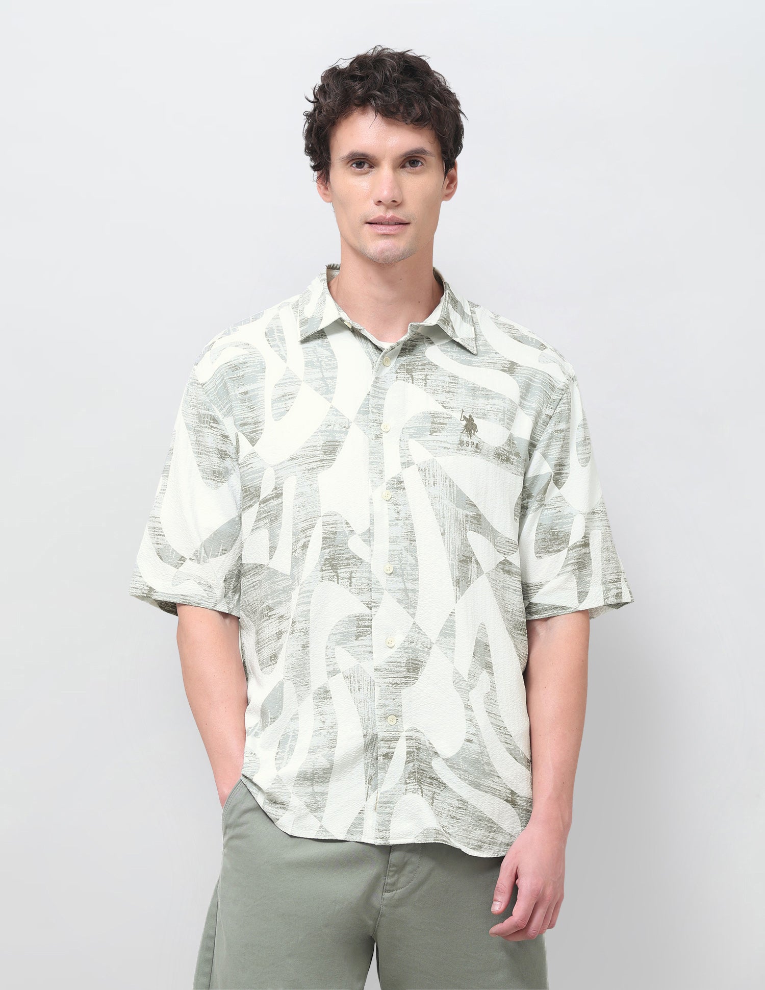 Abstract Printed Seersucker Shirt Light Green - U.S. Polo Assn. India | Large