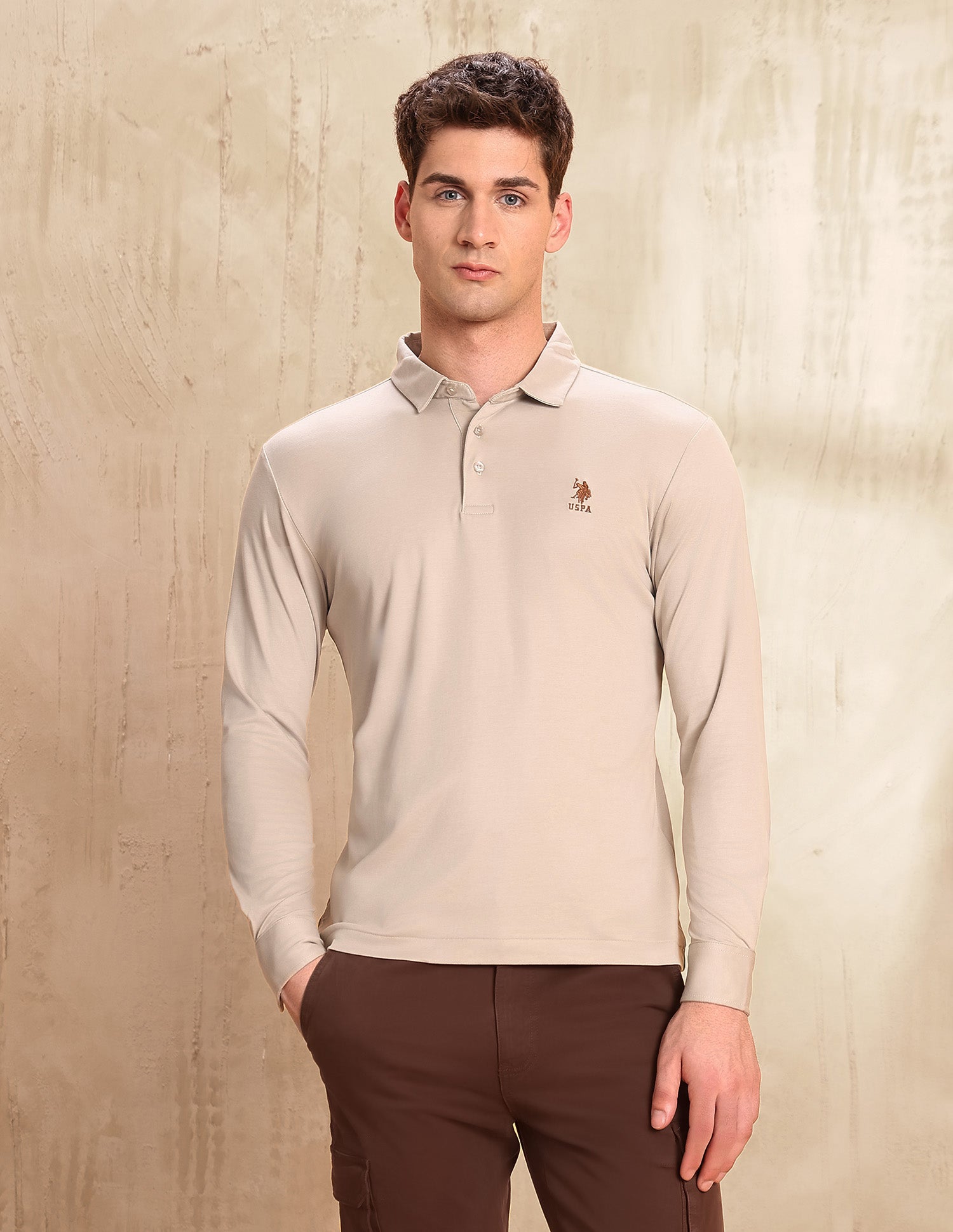 Solid Regular Fit Polo Shirt Beige - U.S. POLO ASSN. | Large