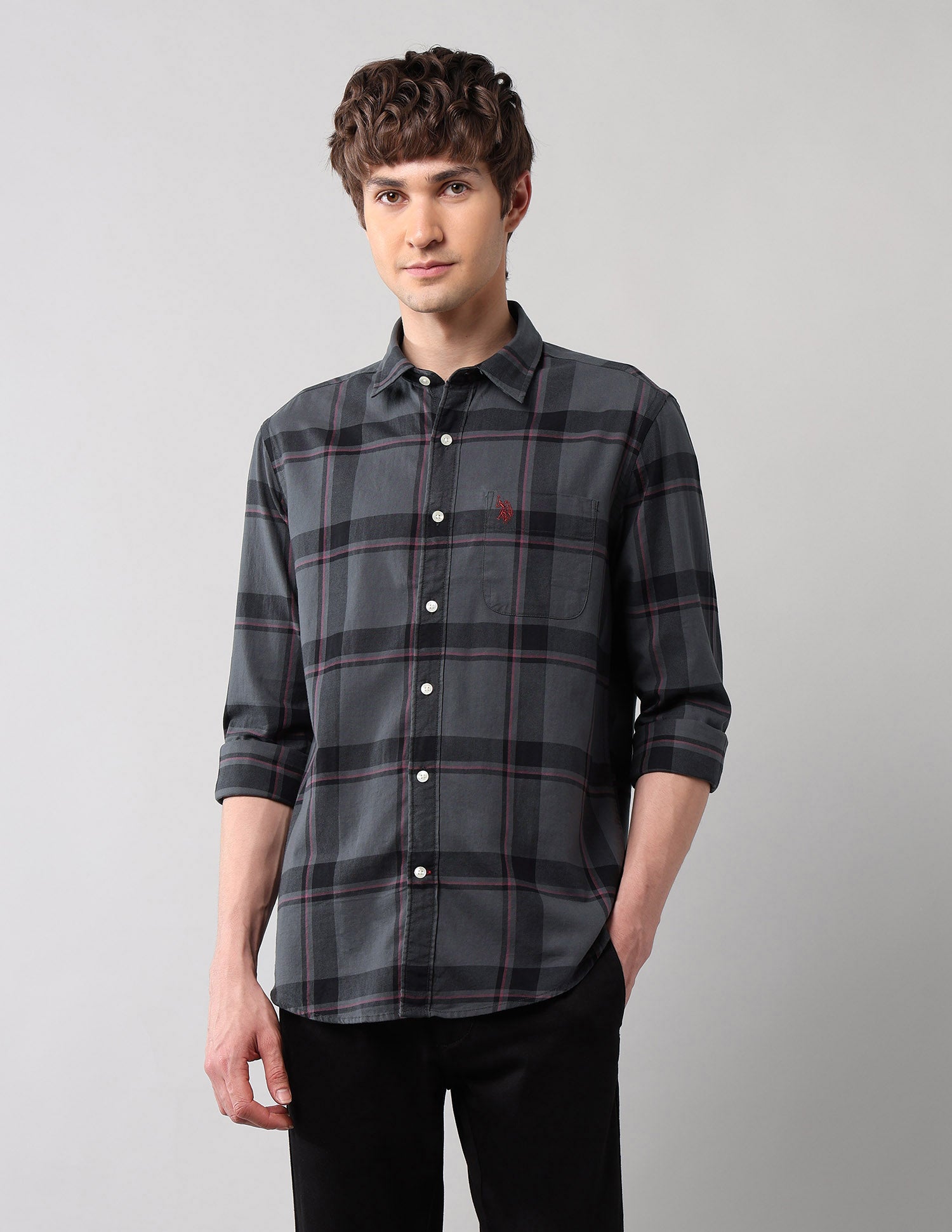 Grid Tattersall Checked Pure Cotton Shirt Grey - U.S. POLO ASSN. | Large