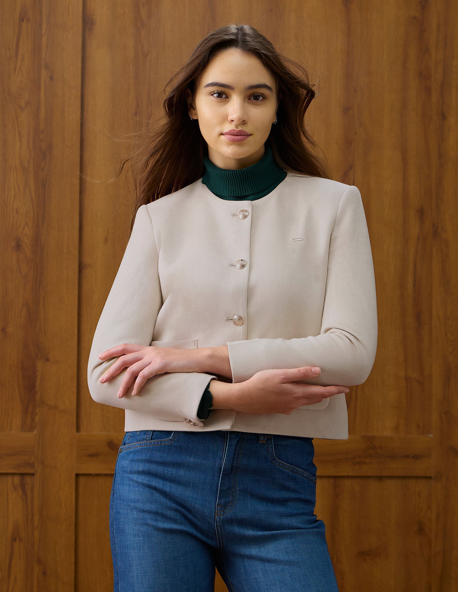 Solid Regular Fit Round Neck Jacket Beige - U.S. POLO ASSN. | Large