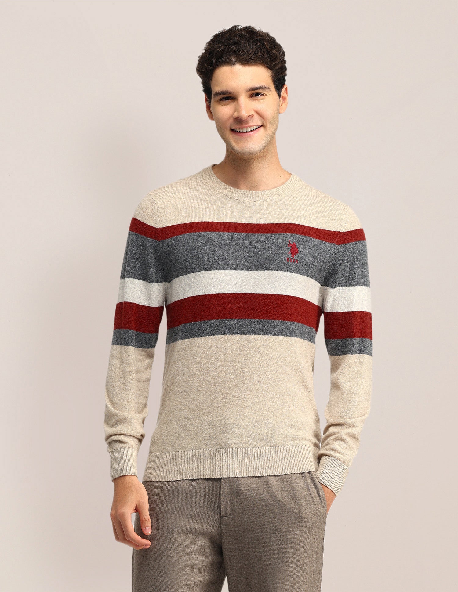 Horizontal Striped Regular Fit Sweater Beige - U.S. Polo Assn. India | Large