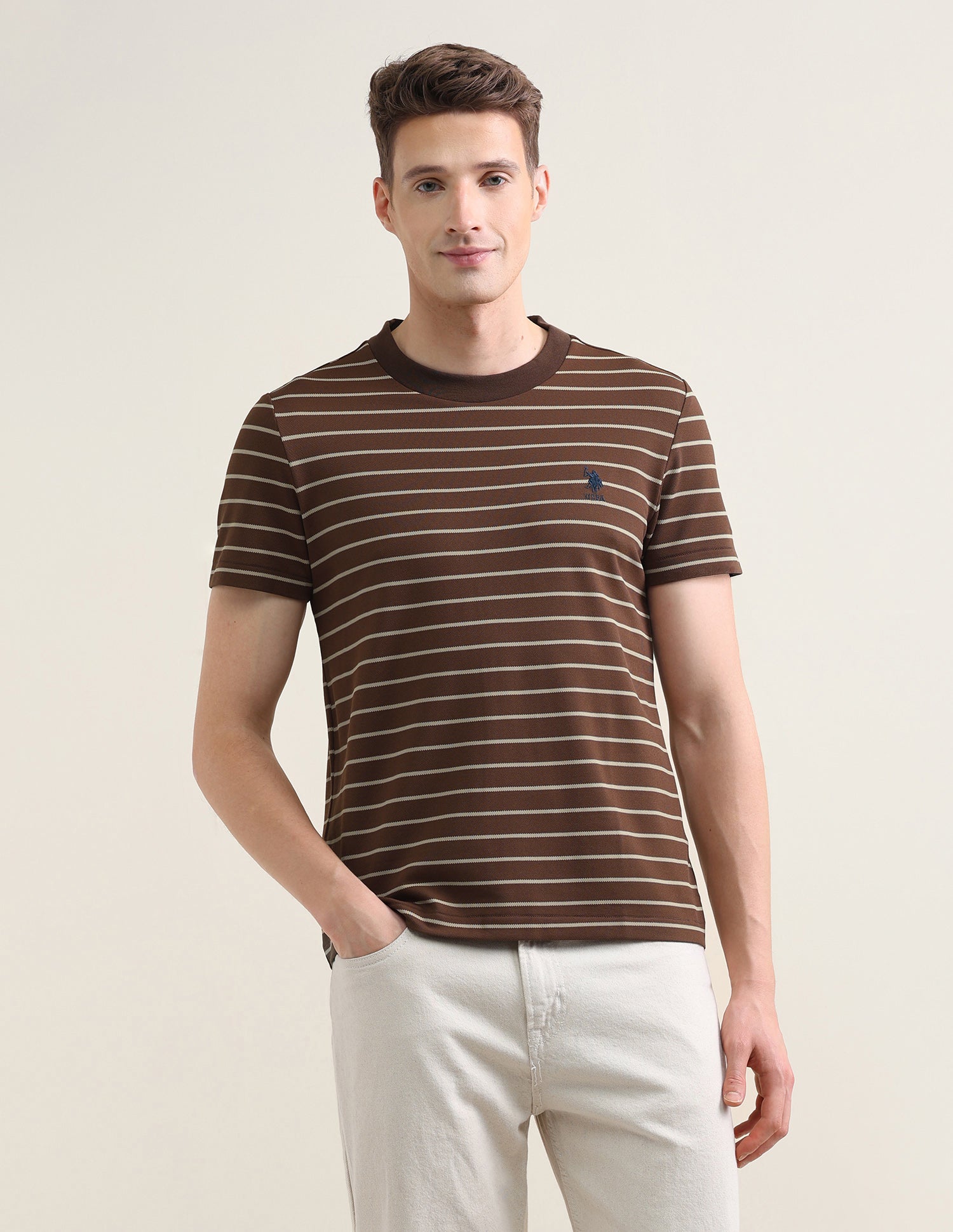 Horizontal Striped Slim Fit T-Shirt Brown - U.S. Polo Assn. India | Large