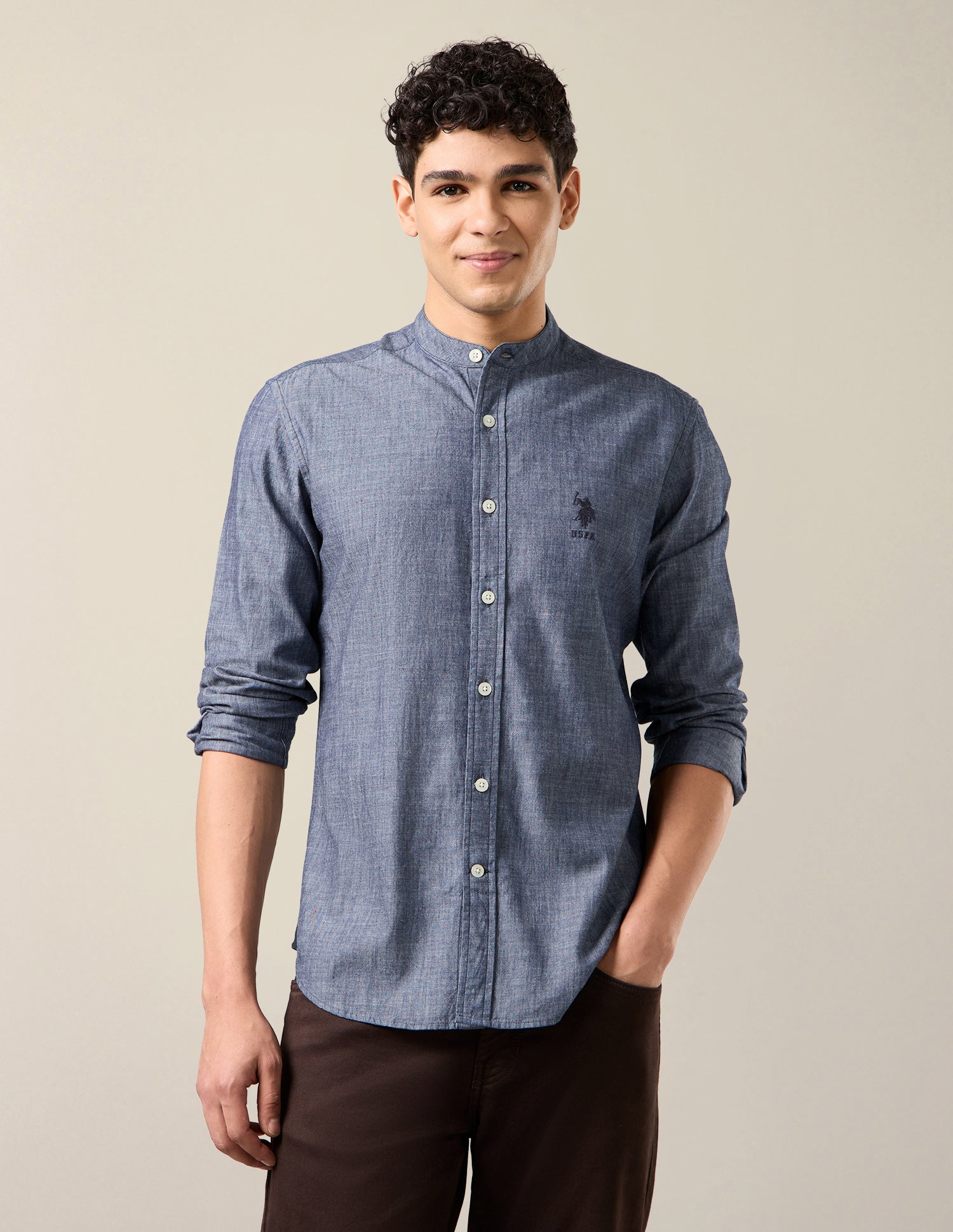 Heathered Twill Mandarin Shirt Indigo - U.S. Polo Assn. India | Large