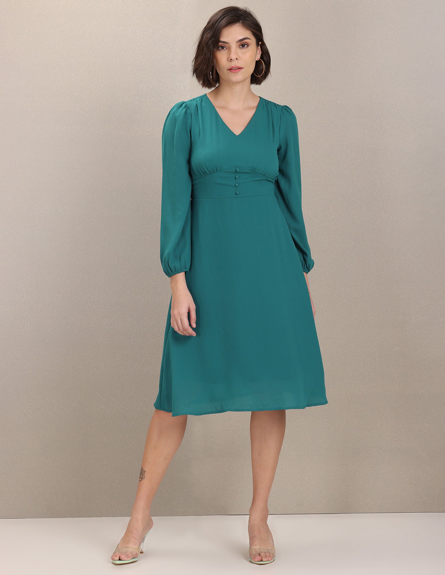 Women Teal V-Neck Solid Fit And Flare Dress Teal - U.S. POLO ASSN. | Large