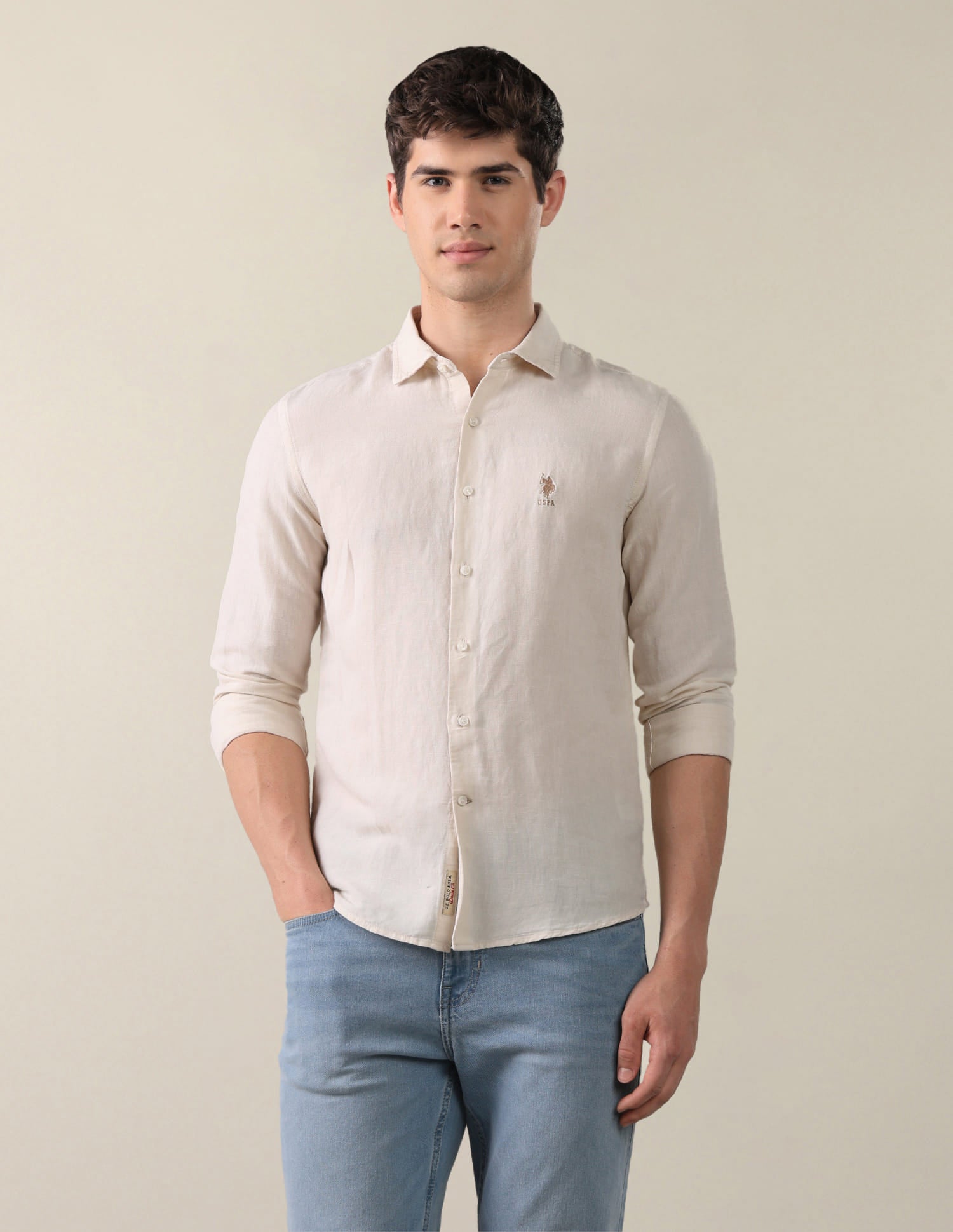 Solid Regular Fit Shirt Beige - U.S. Polo Assn. India | Large