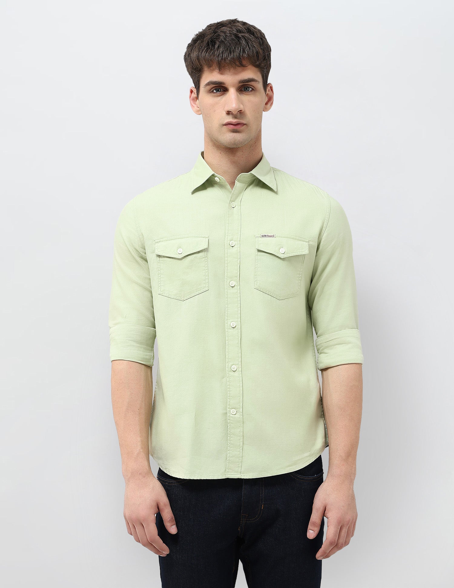 Solid Regular Fit Twill Shirt Light Green - U.S. Polo Assn. India | Large
