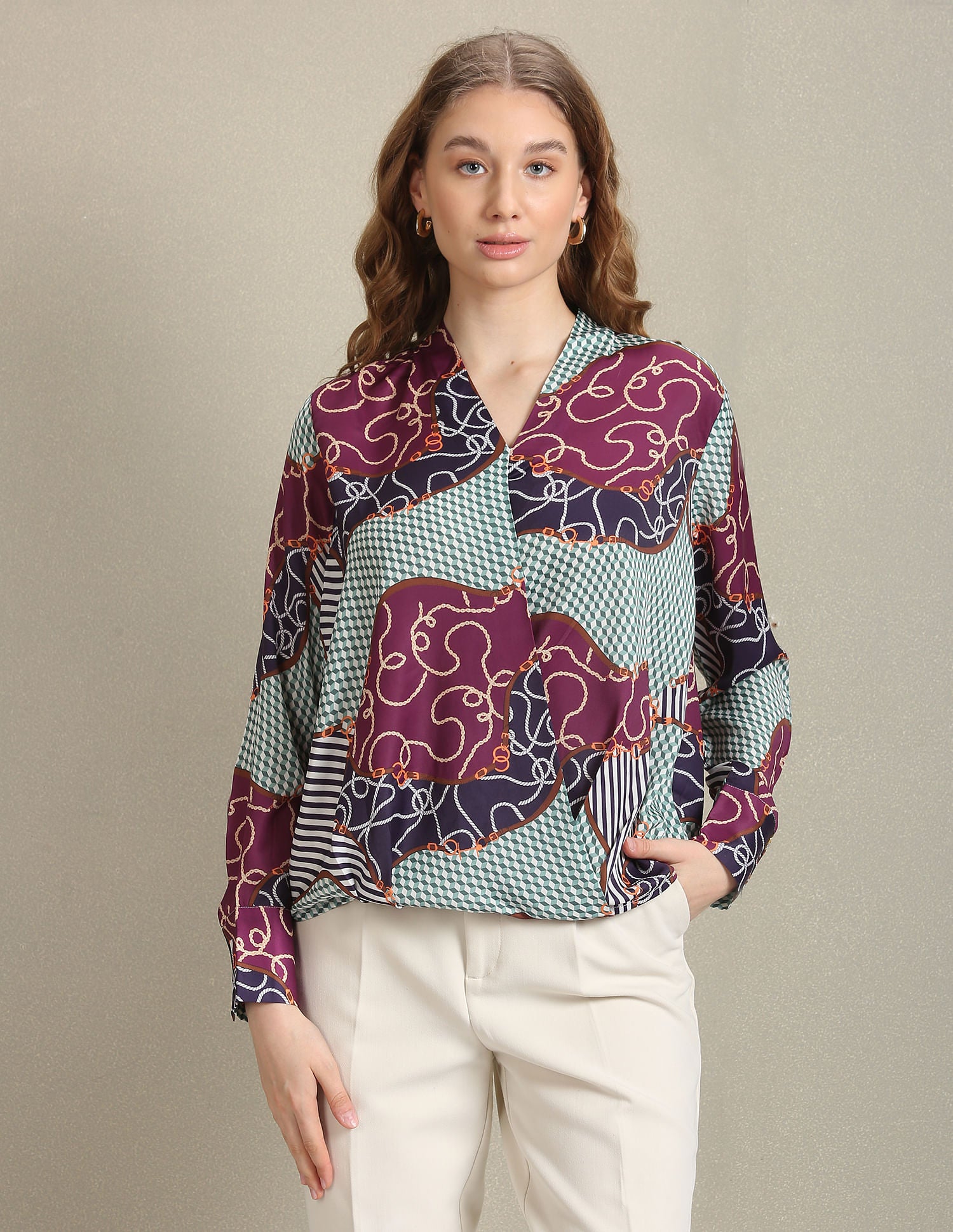 Surplice Neck Graphic Print Top Green, Purple and Navy - U.S. Polo Assn. India | Large