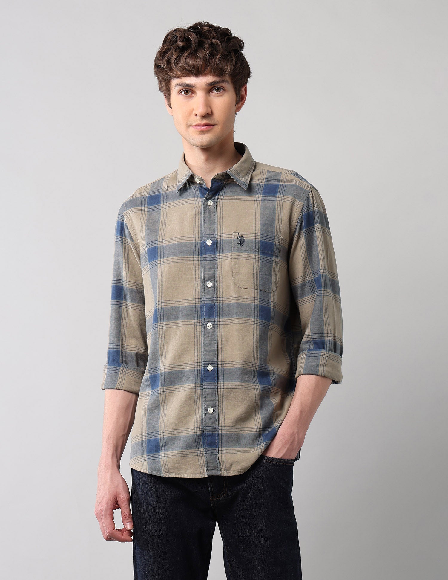 Windowpane Checked Pure Cotton Shirt Khaki - U.S. Polo Assn. India | Large