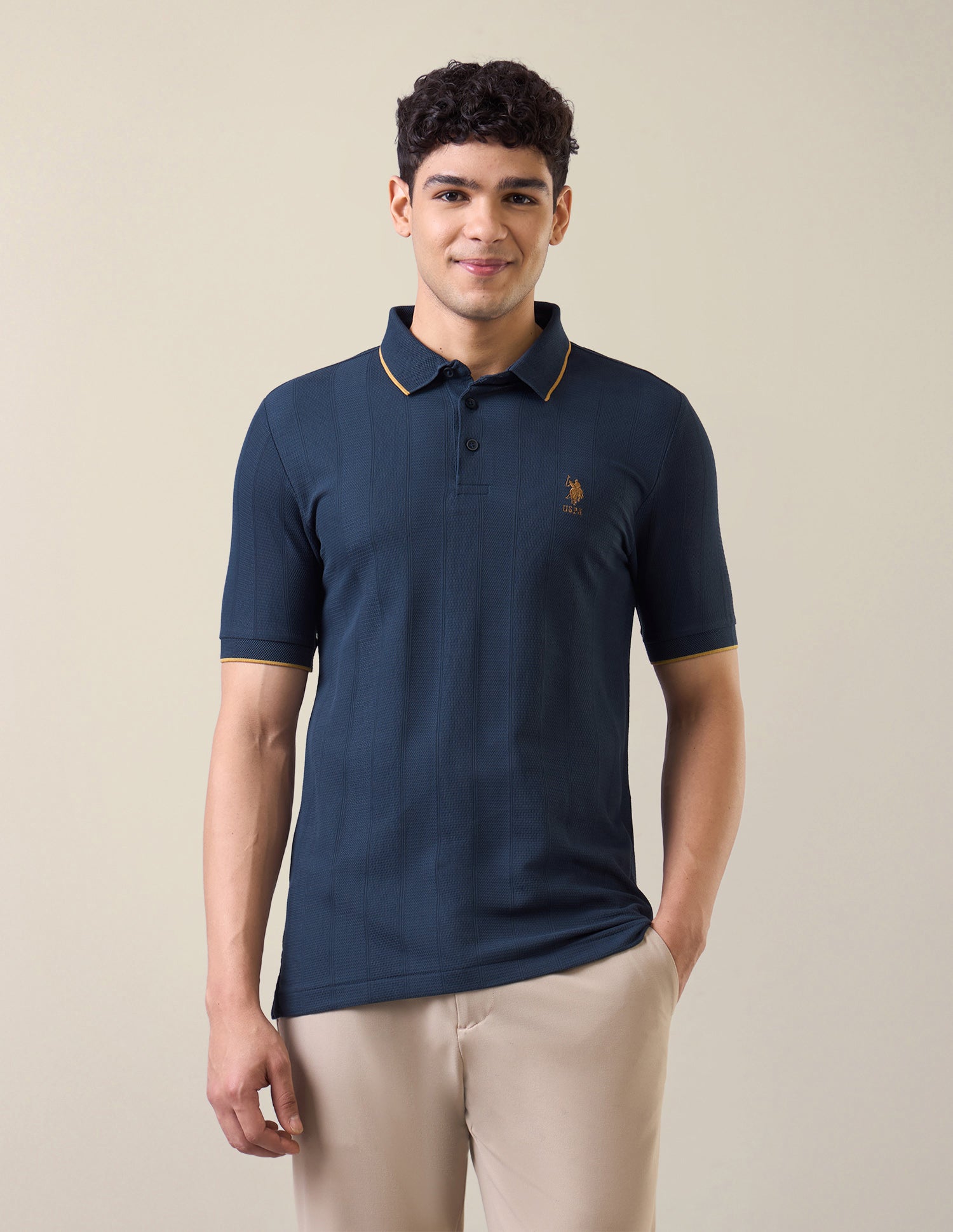 Self Design Vertical Striped Slim Fit Polo Shirt Dark Blue - U.S. Polo Assn. India | Large