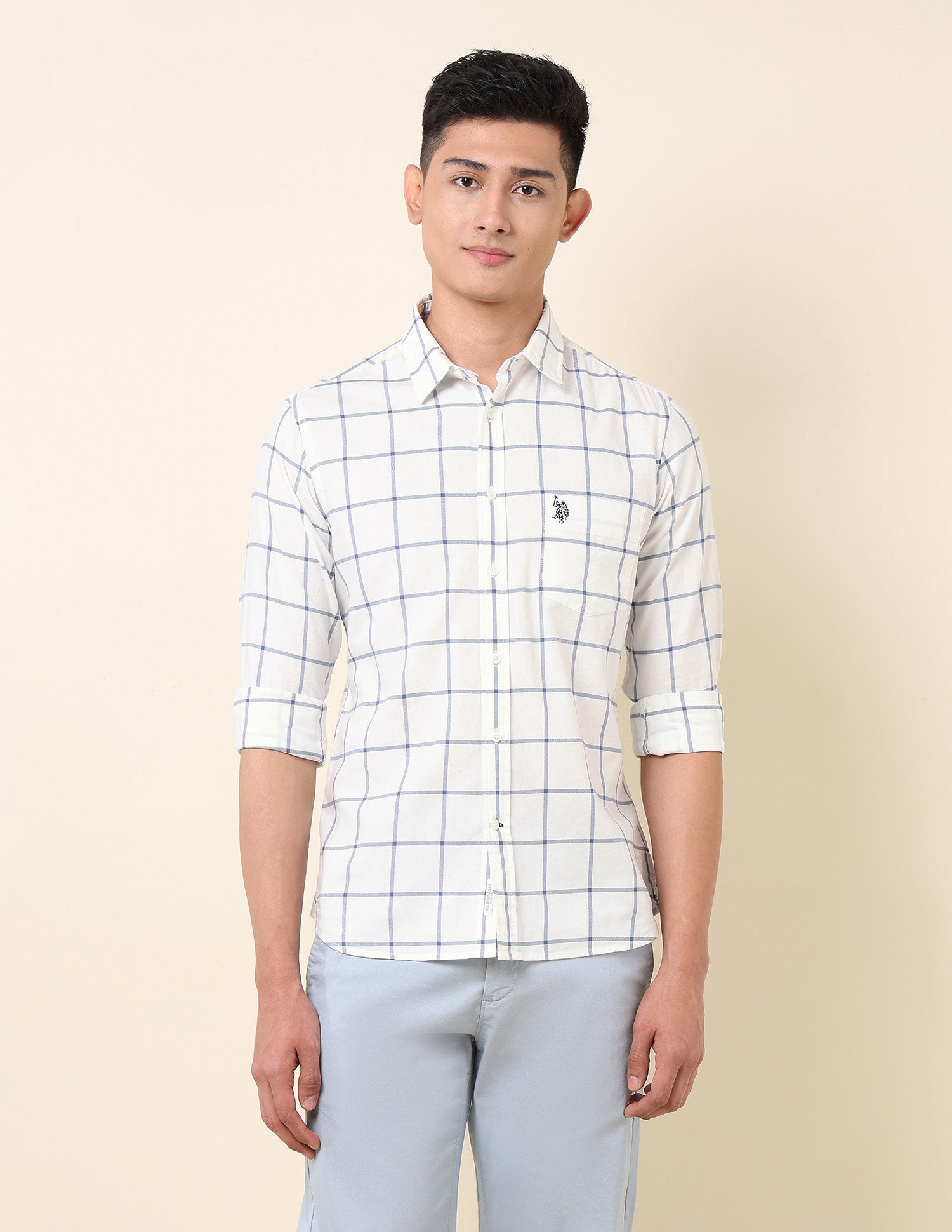 Pure Cotton Windowpane Checked Shirt Navy - U.S. Polo Assn. India | Large