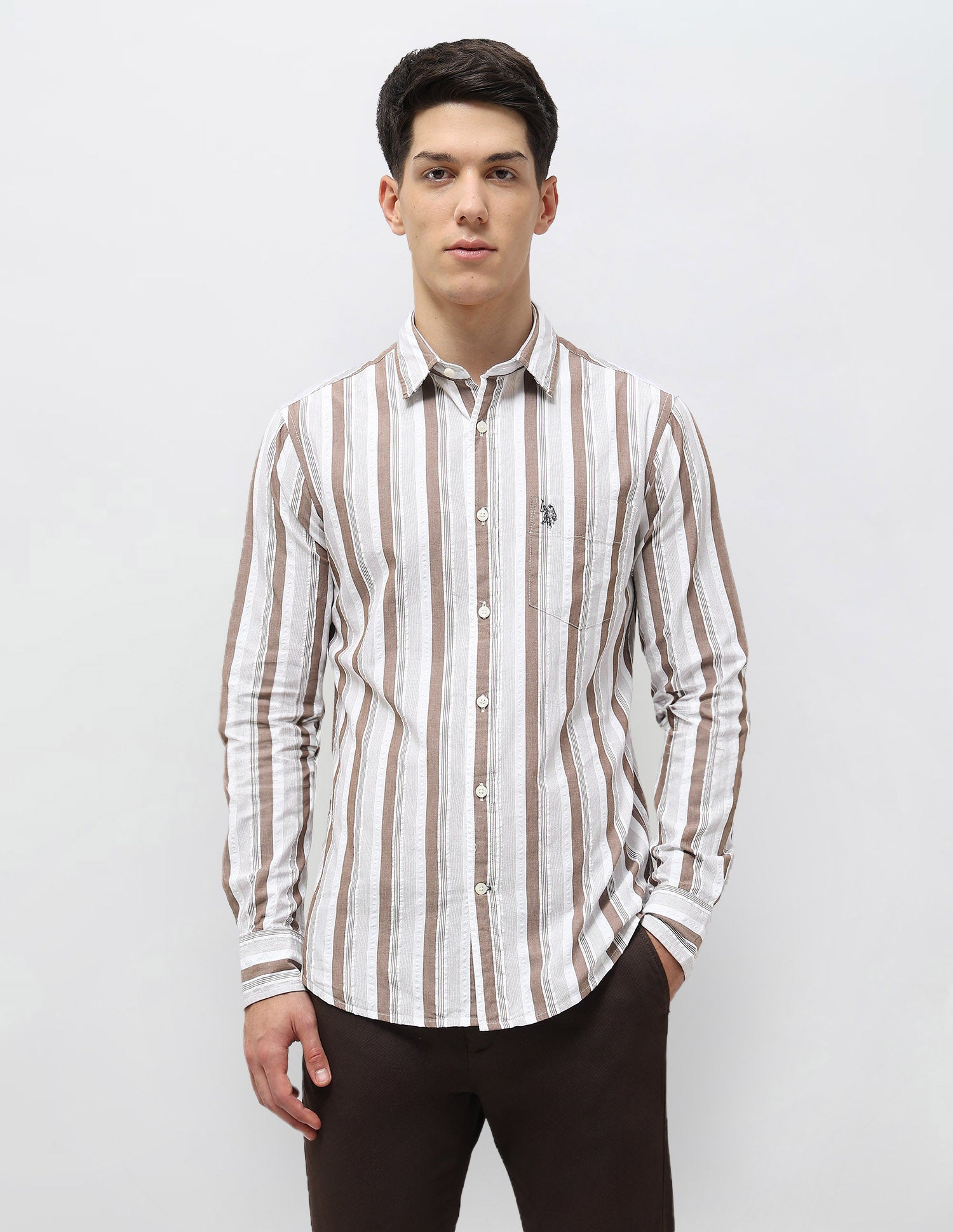 Vertical Striped Seersucker Shirt Brown - U.S. Polo Assn. India | Large