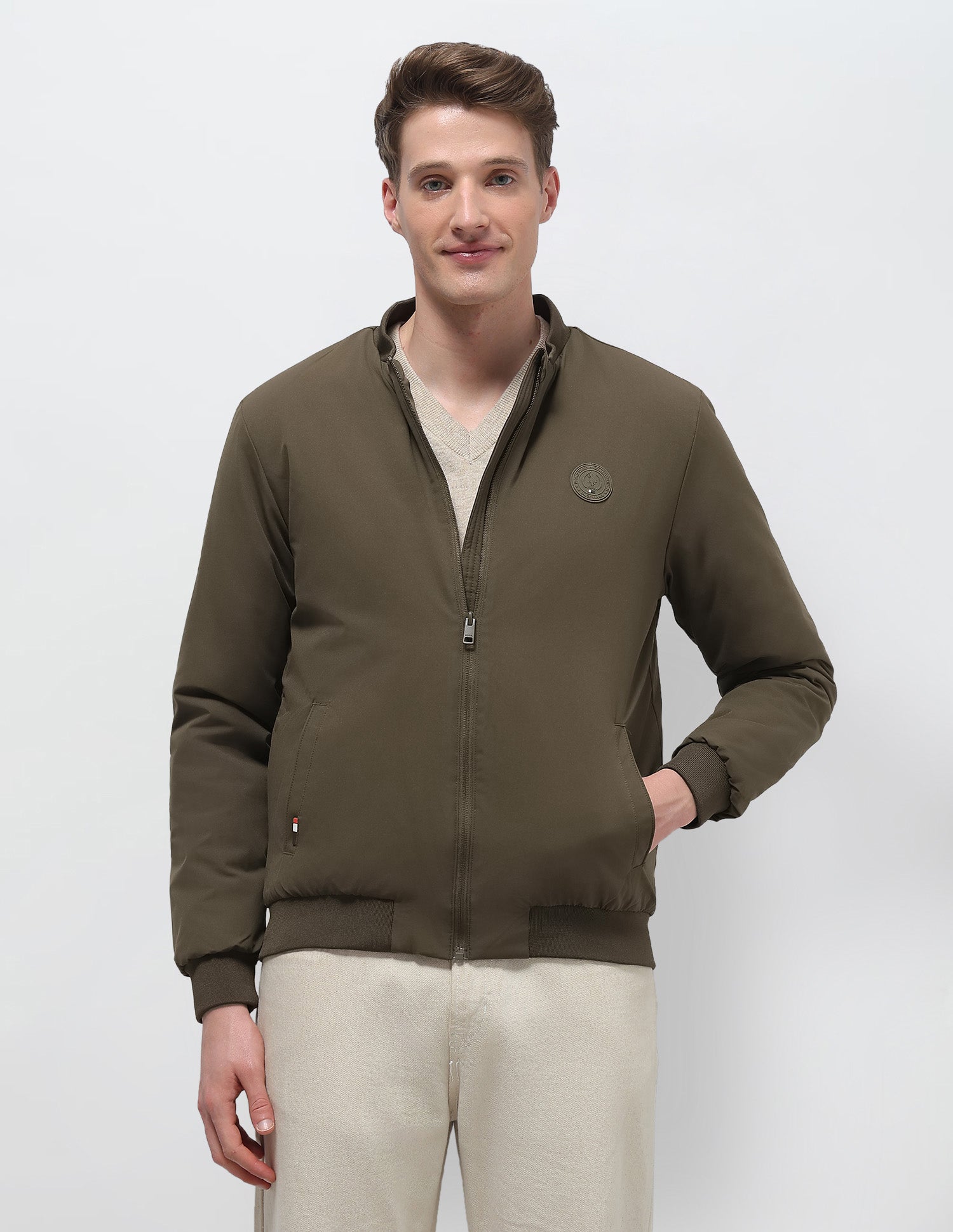 Solid Regular Fit Bomber Jacket Olive - U.S. Polo Assn. India | Large