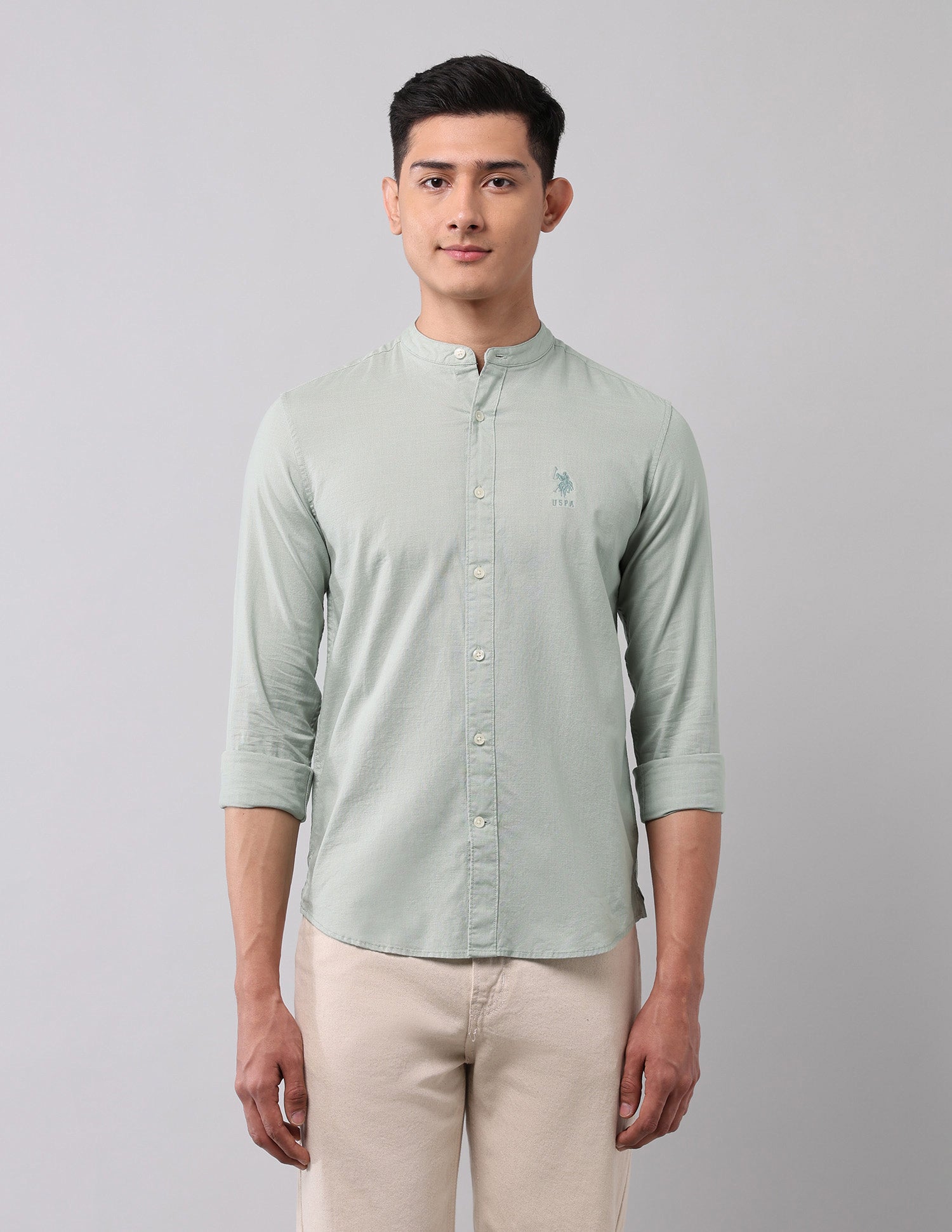 Slim Fit Poplin Mandarin Shirt Light Green - U.S. Polo Assn. India | Large
