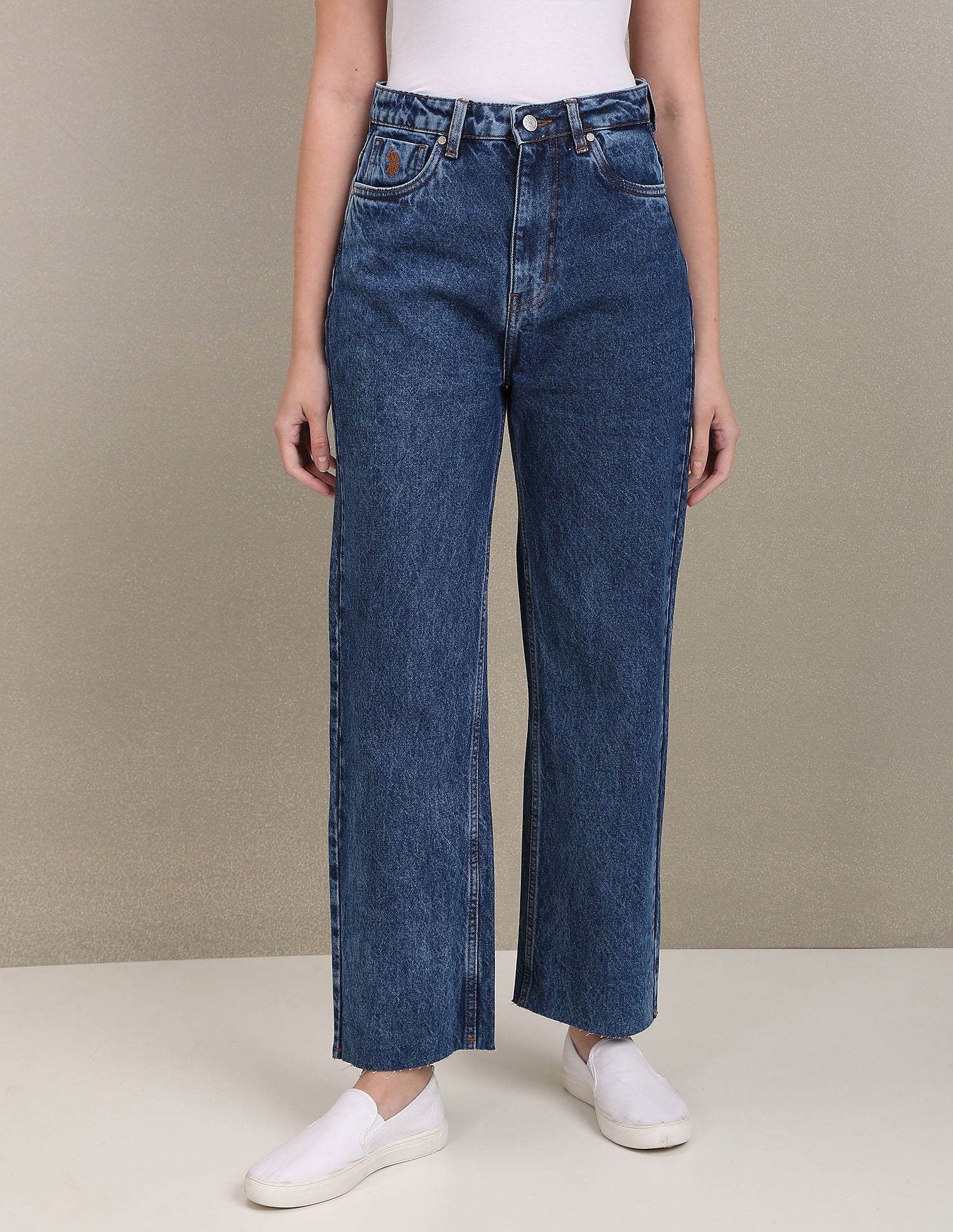 Acid Wash Unfinished Hem Wide Leg Jeans Dark Blue - U.S. Polo Assn. India | Large
