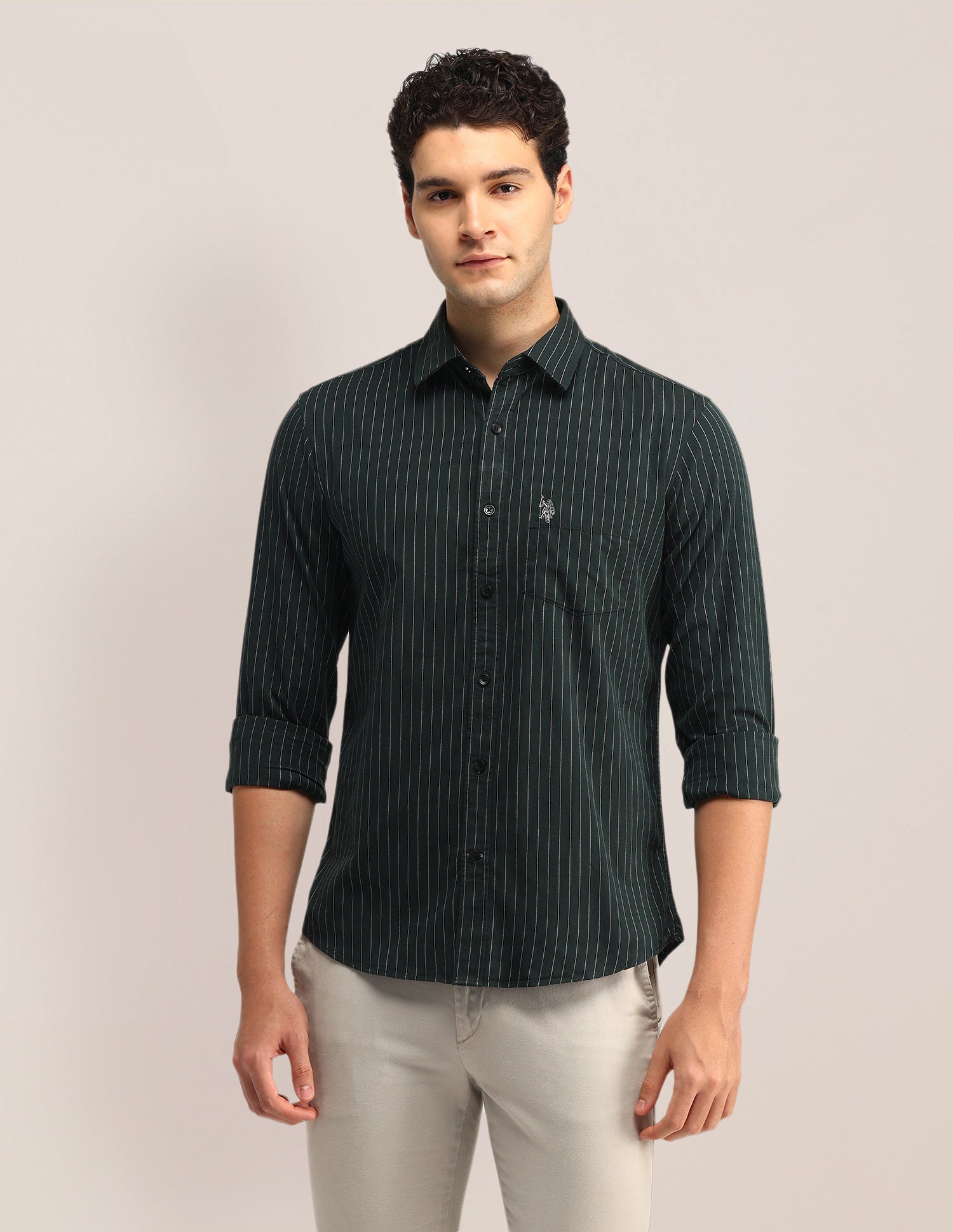 Vertical Striped Tailored Fit Shirt Dark Green - U.S. POLO ASSN. | Large