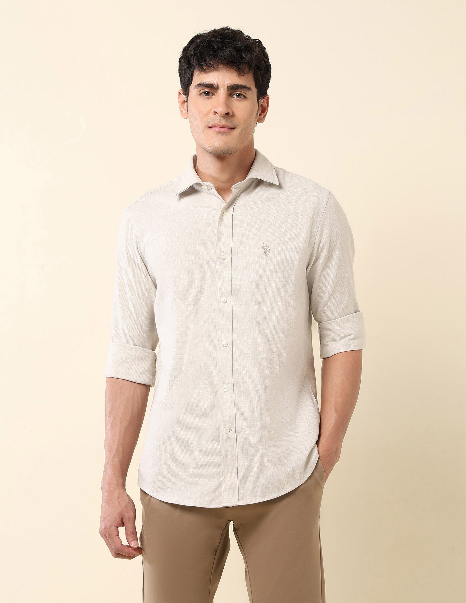 Tailored Fit Pure Cotton Dobby Shirt Ecru - U.S. Polo Assn. India | Large