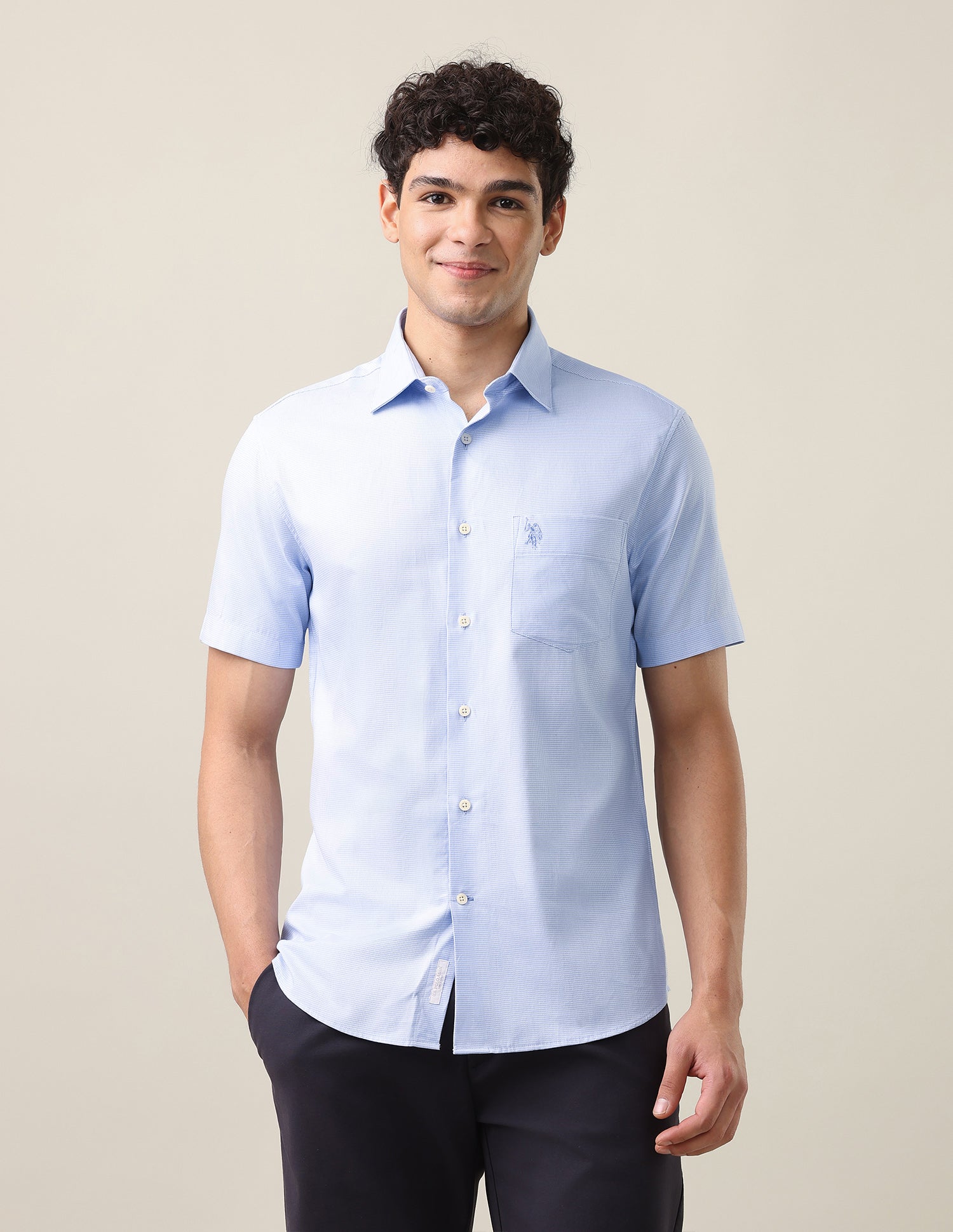 Textured Tailored Fit Shirt Light Blue - U.S. Polo Assn. India | Large