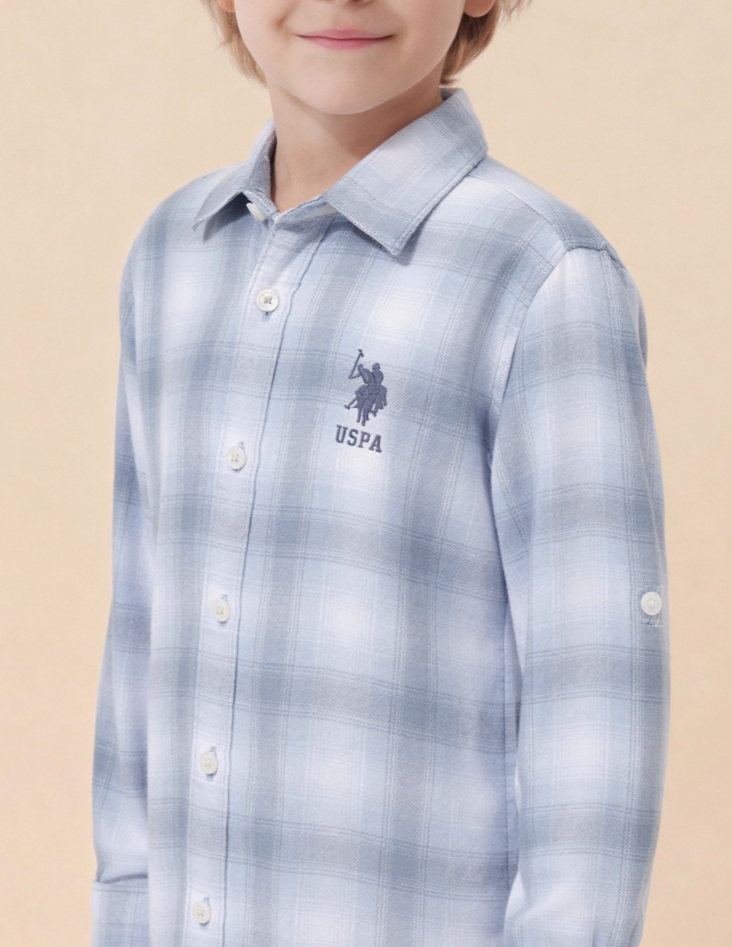 Boys Tartan Checked Pattern Twill Shirt Light Blue - U.S. Polo Assn. India | Large