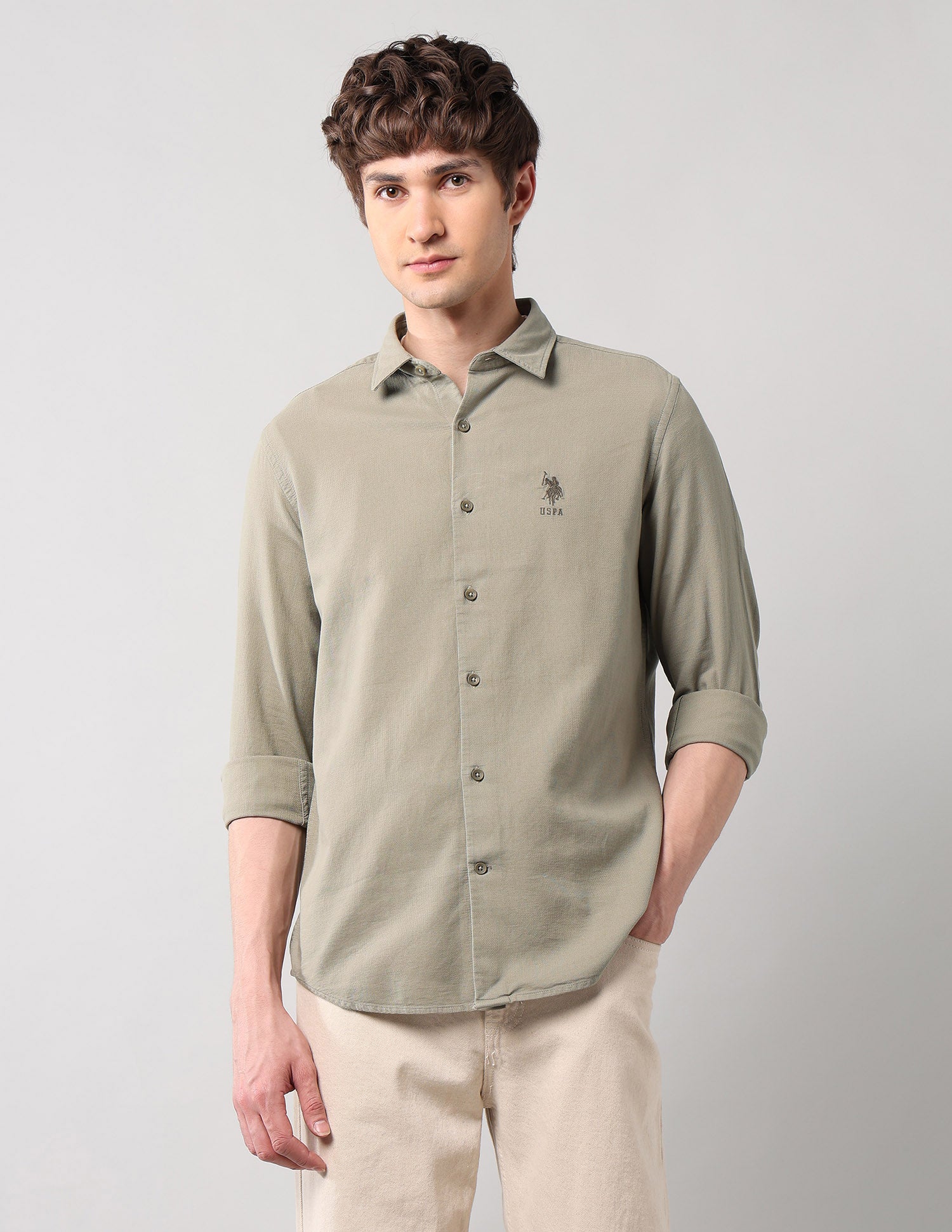 Pure Cotton Regular Fit Dobby Shirt Light Olive - U.S. Polo Assn. India | Large