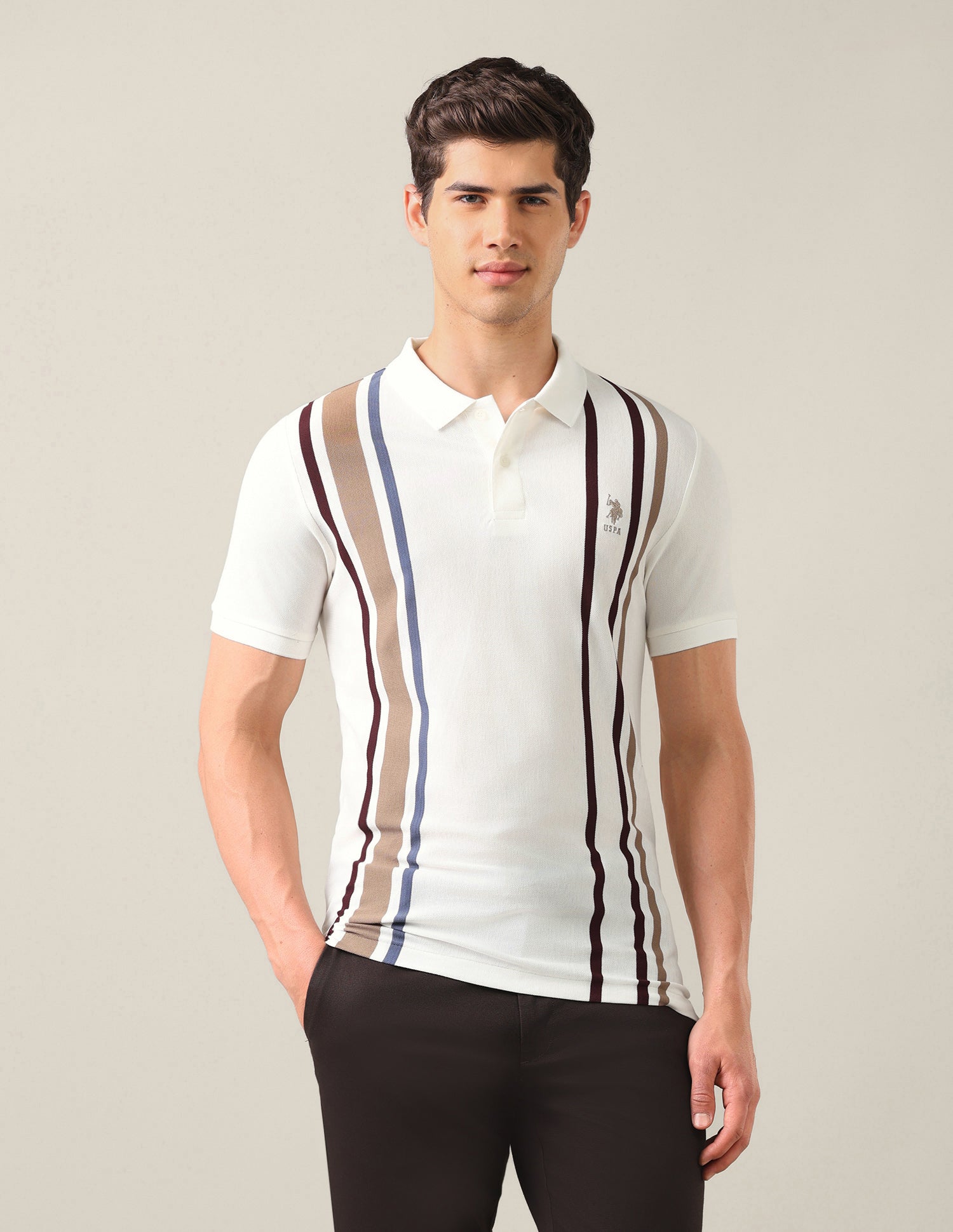 Vertical Striped Slim Fit Polo Shirt Off White - U.S. Polo Assn. India | Large