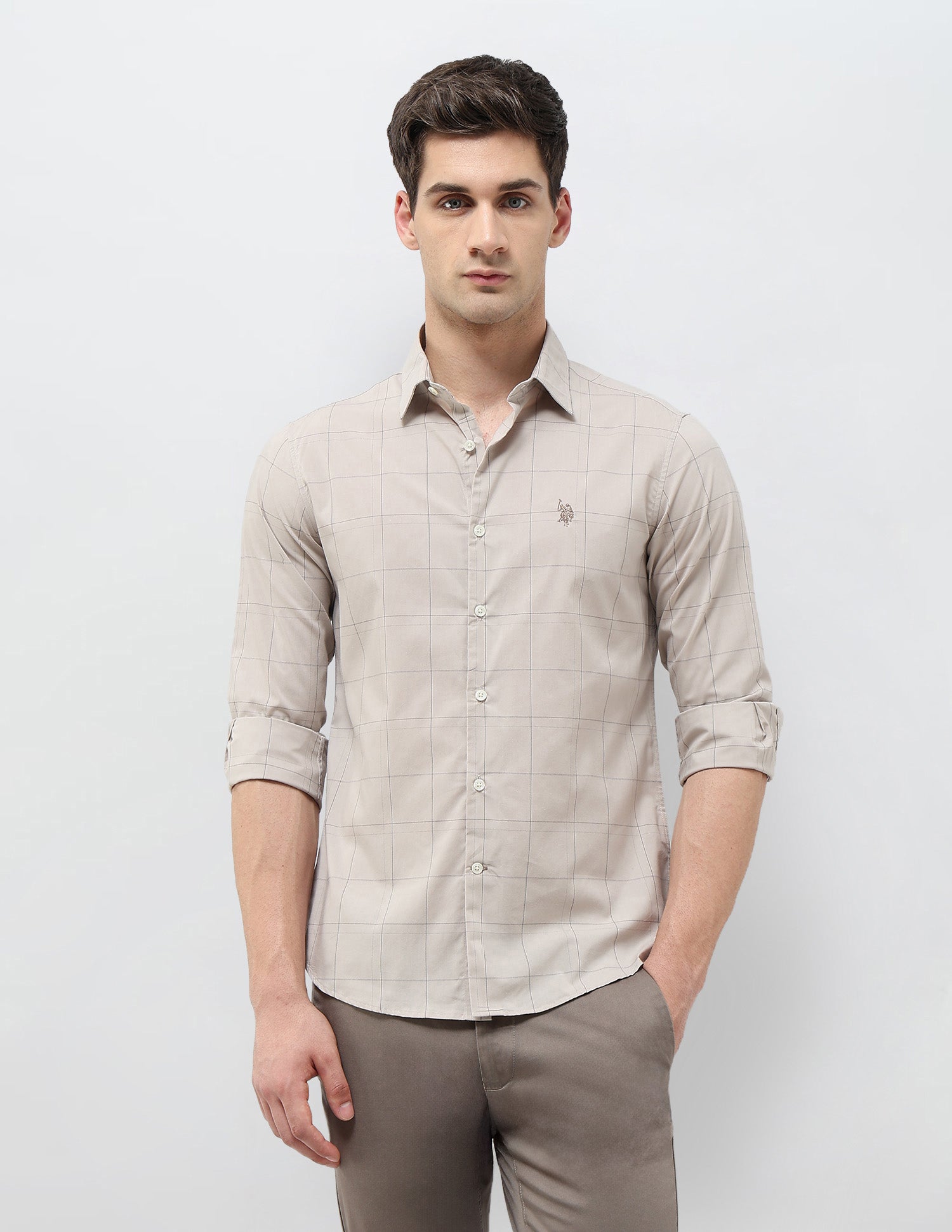 Tailored Fit Windowpane Checked Shirt Light Grey - U.S. POLO ASSN. | Large