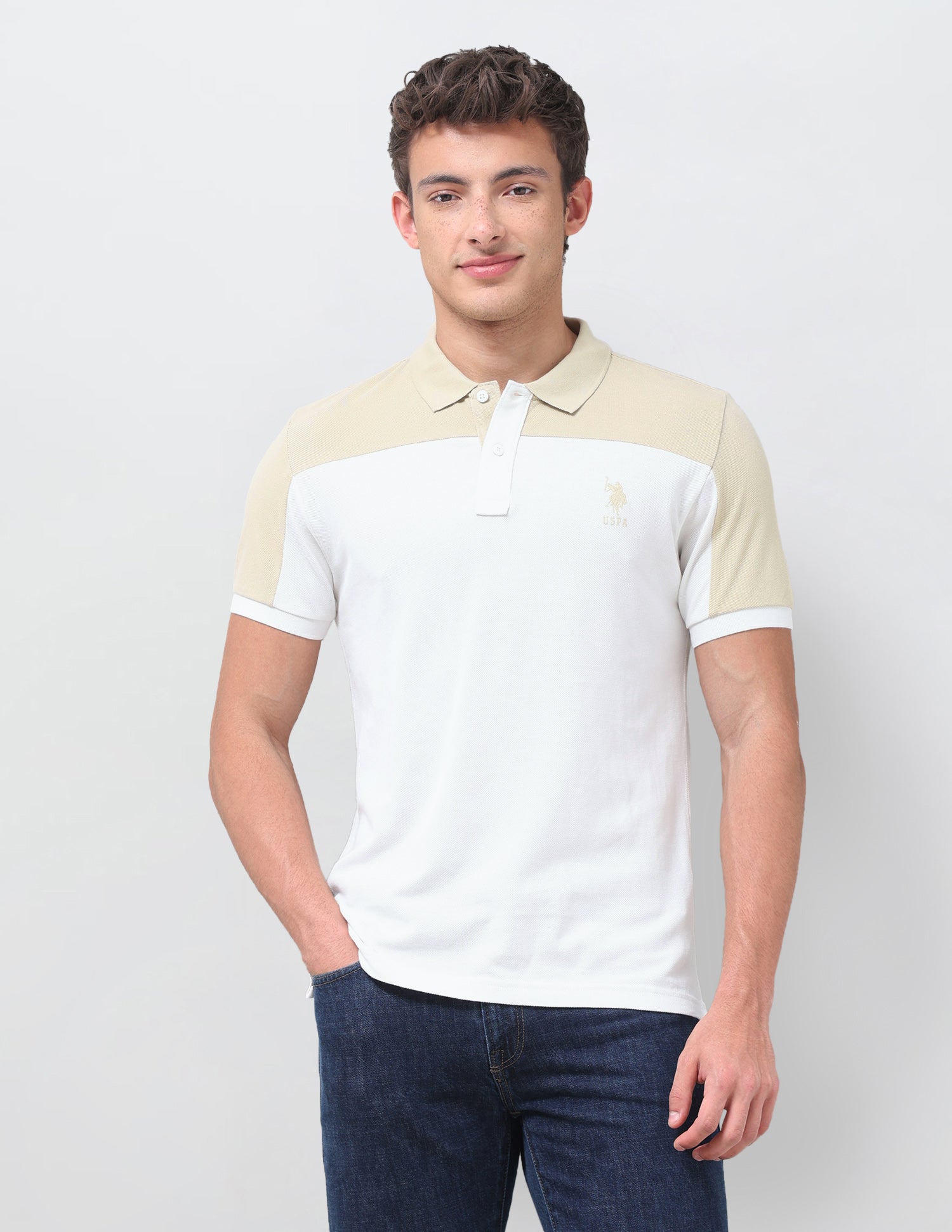Colourblocked Regular Fit Polo Shirt Off White - U.S. Polo Assn. India | Large