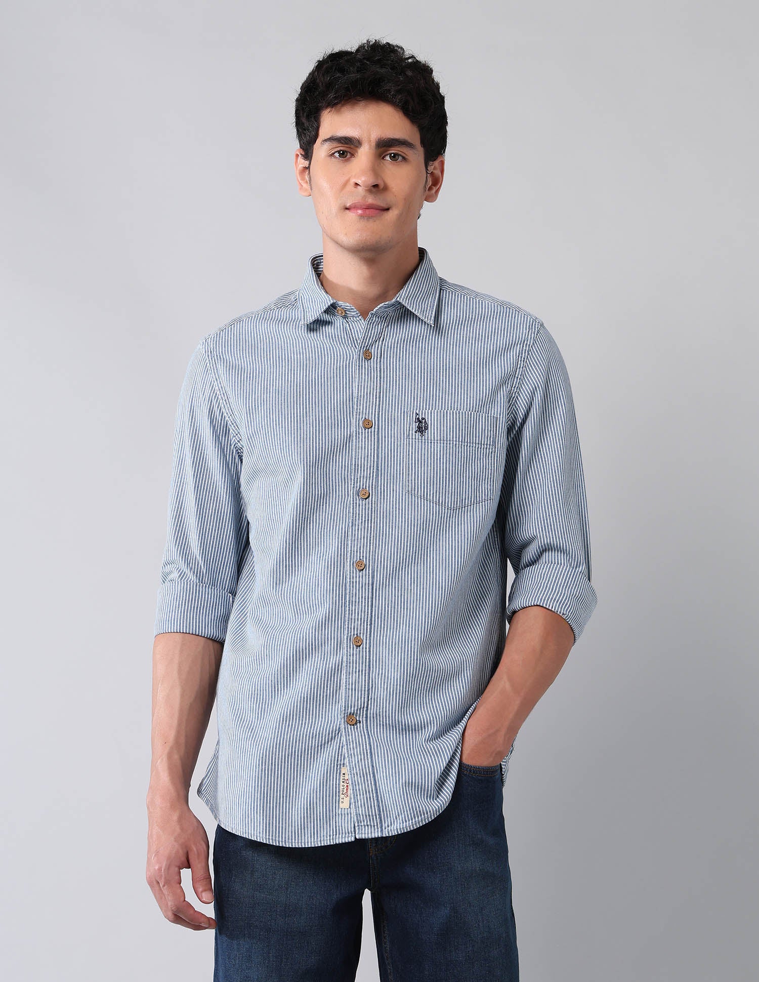 Vertical Striped Pure Cotton Shirt Indigo - U.S. Polo Assn. India | Large