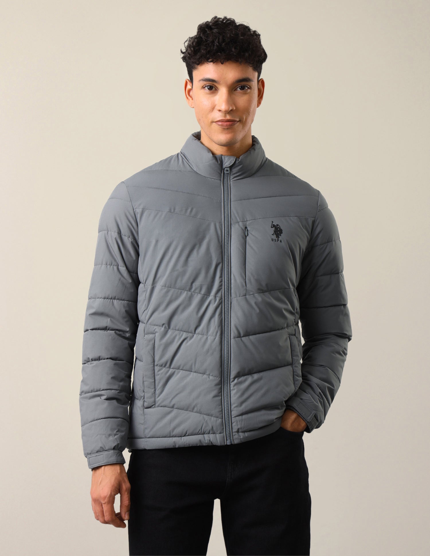 Solid Regular Fit Puffer Jacket Grey - U.S. Polo Assn. India | Large
