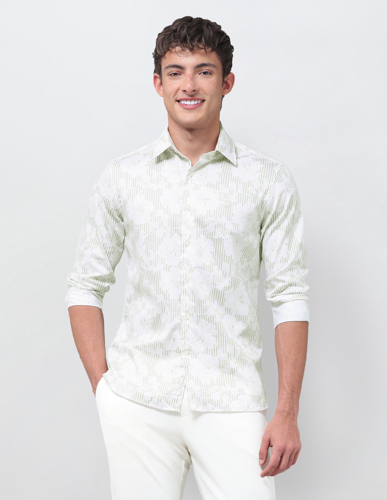 Vertical Striped With Floral Printed Satin Shirt Beige - U.S. Polo Assn. India | Large