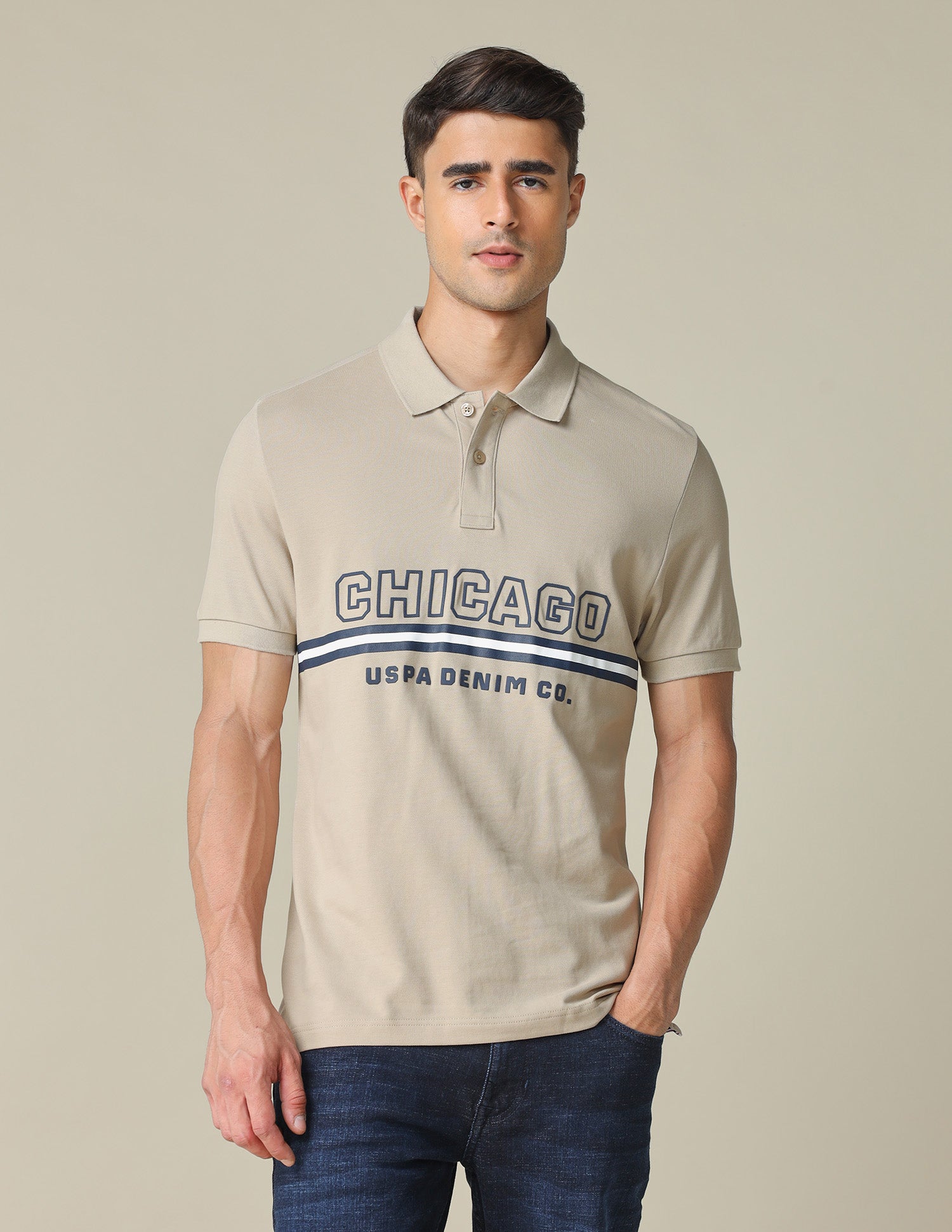 Muscle Fit Typographic Printed Polo Shirt Beige - U.S. POLO ASSN. | Large