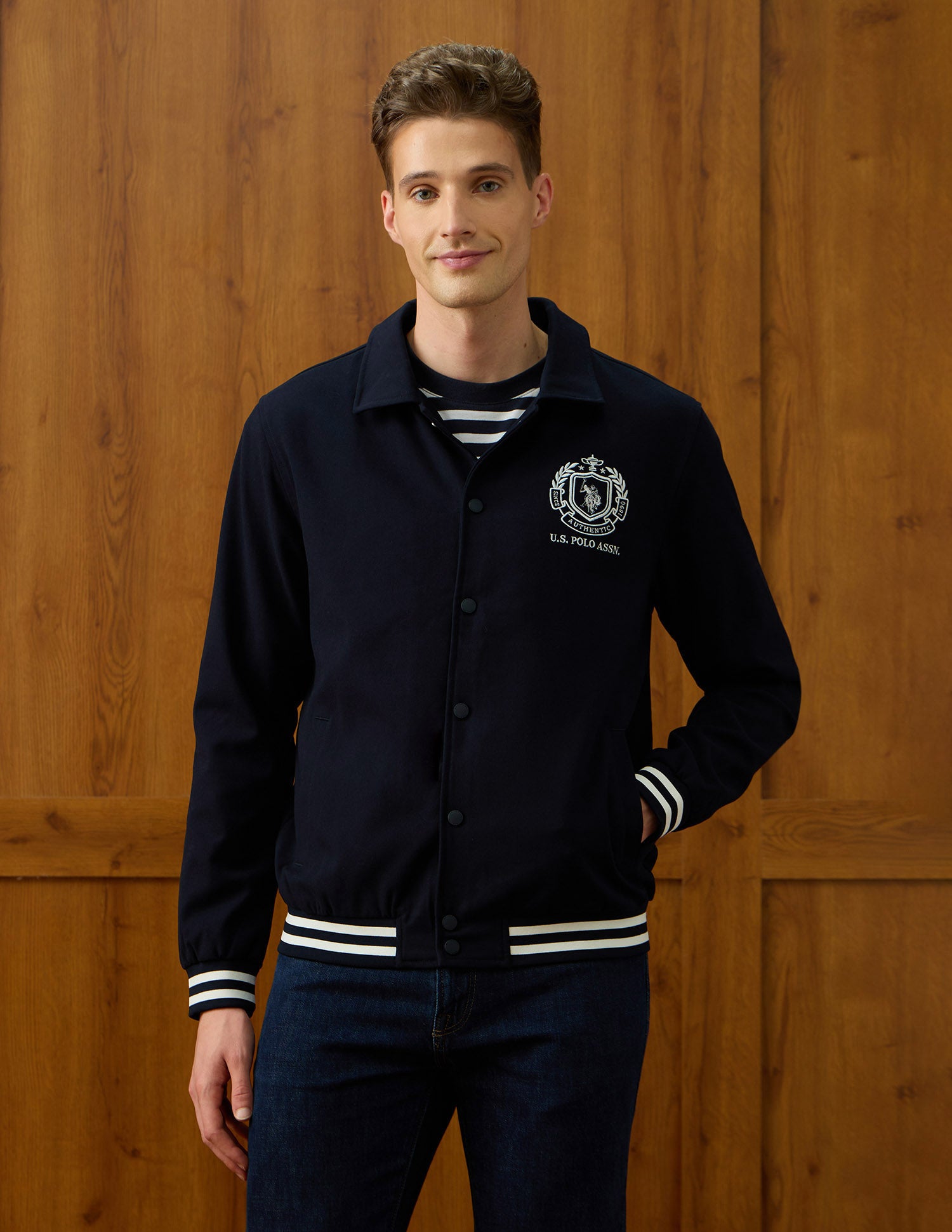 Equestrian Aisle Theater Regular Fit Varsity Jacket Navy - U.S. POLO ASSN. | Large
