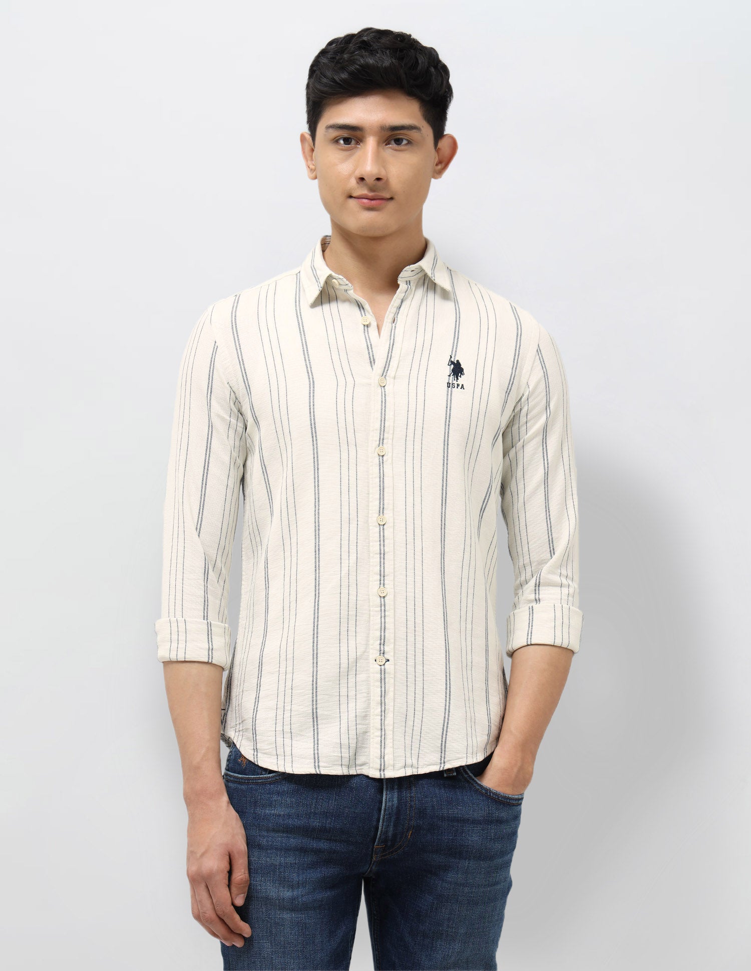 Vertical Striped Regular Fit Shirt Off White - U.S. Polo Assn. India | Large