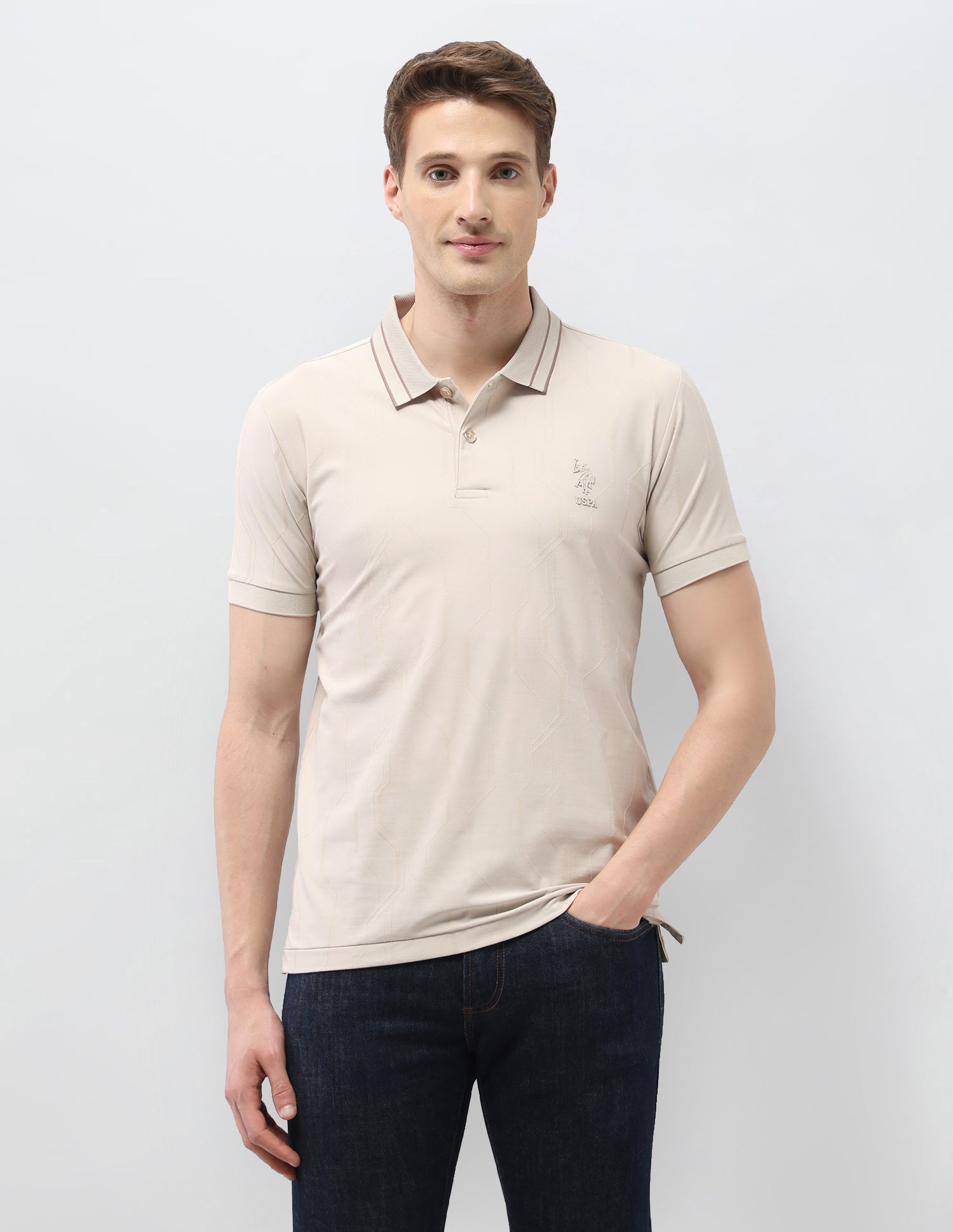Textured Geometric Slim Fit Black & Gold Polo Shirt Beige - U.S. Polo Assn. India | Large