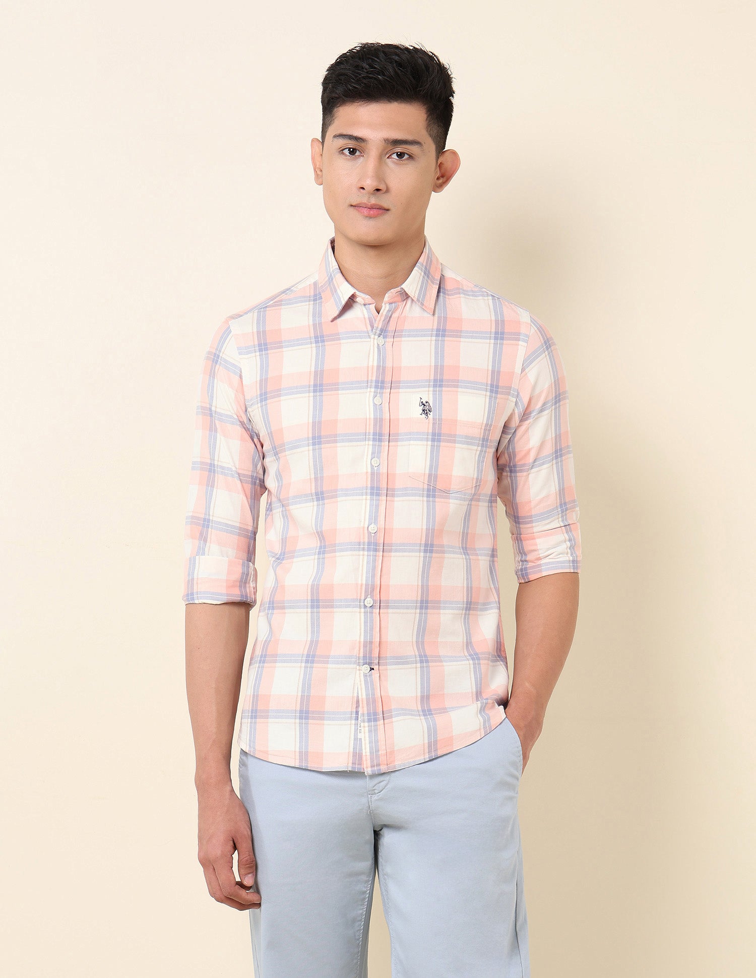 Pure Cotton Tartan Checked Shirt Peach - U.S. Polo Assn. India | Large