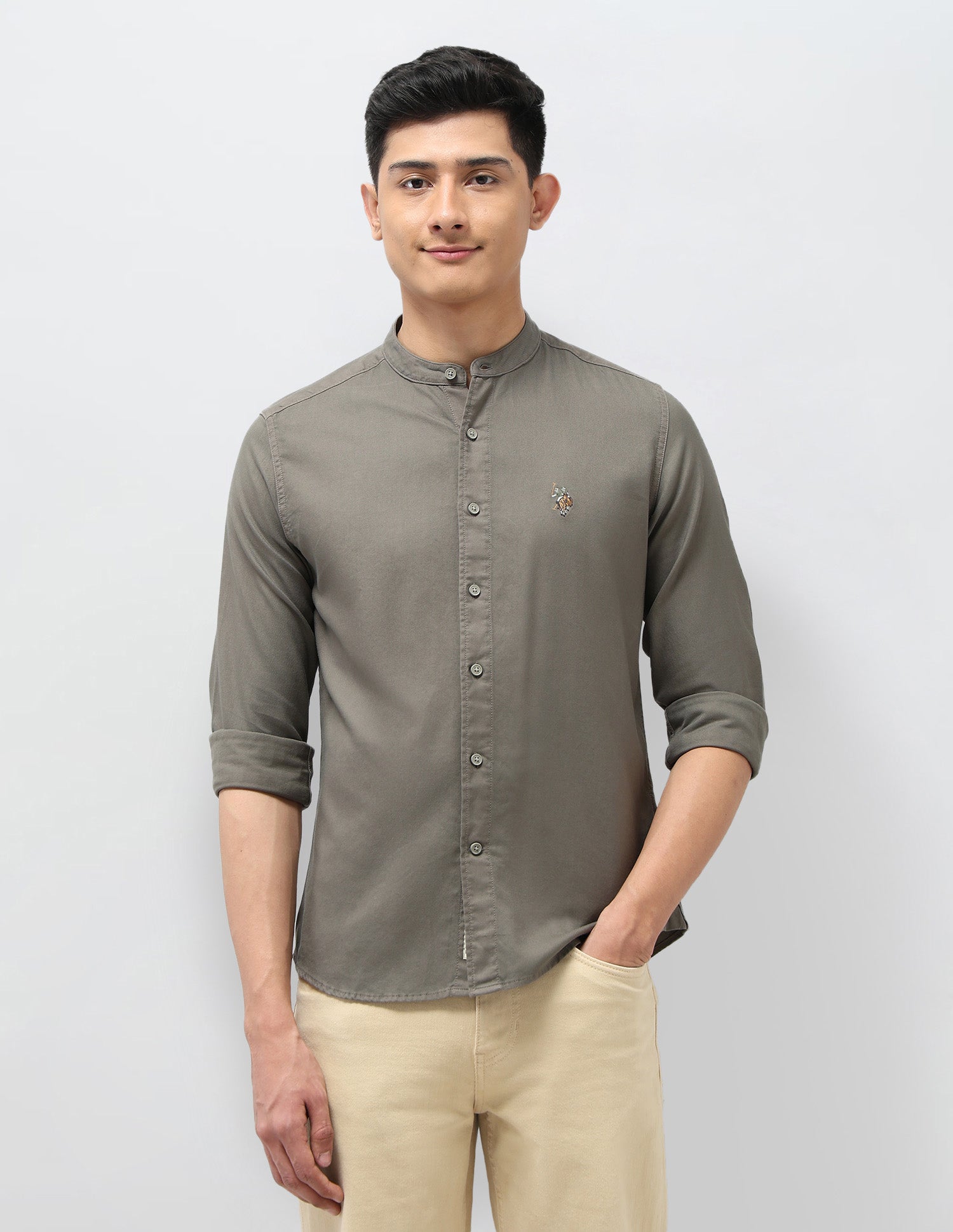 Twill Pure Cotton Mandarin Shirt Light Olive - U.S. POLO ASSN. | Large